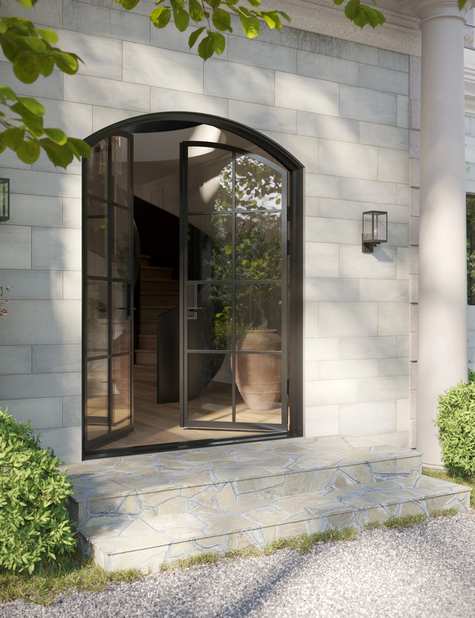 Modern double arch steel front doors with cold-rolled frames and tempered glazing