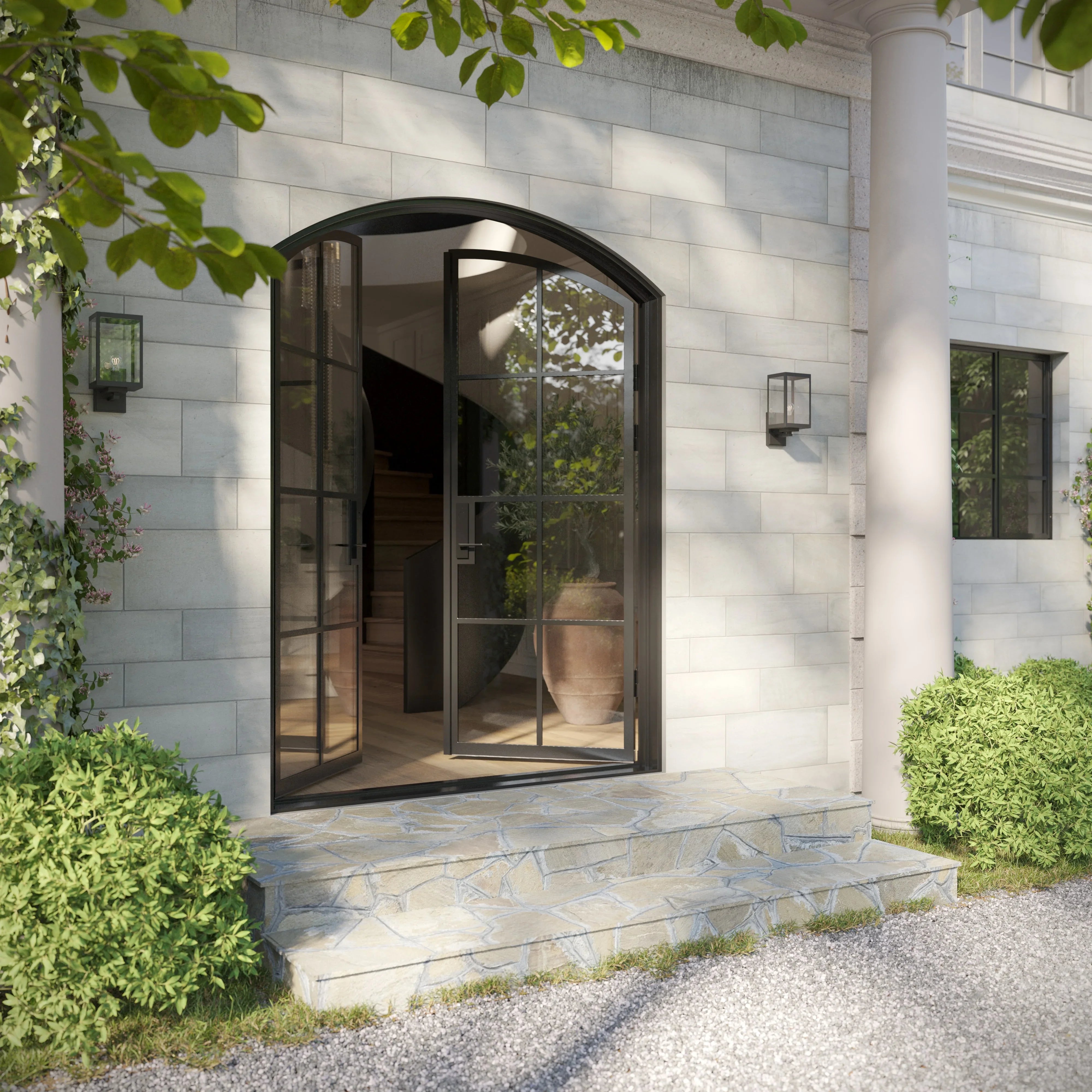 arched top double entry door with insulated steel design
