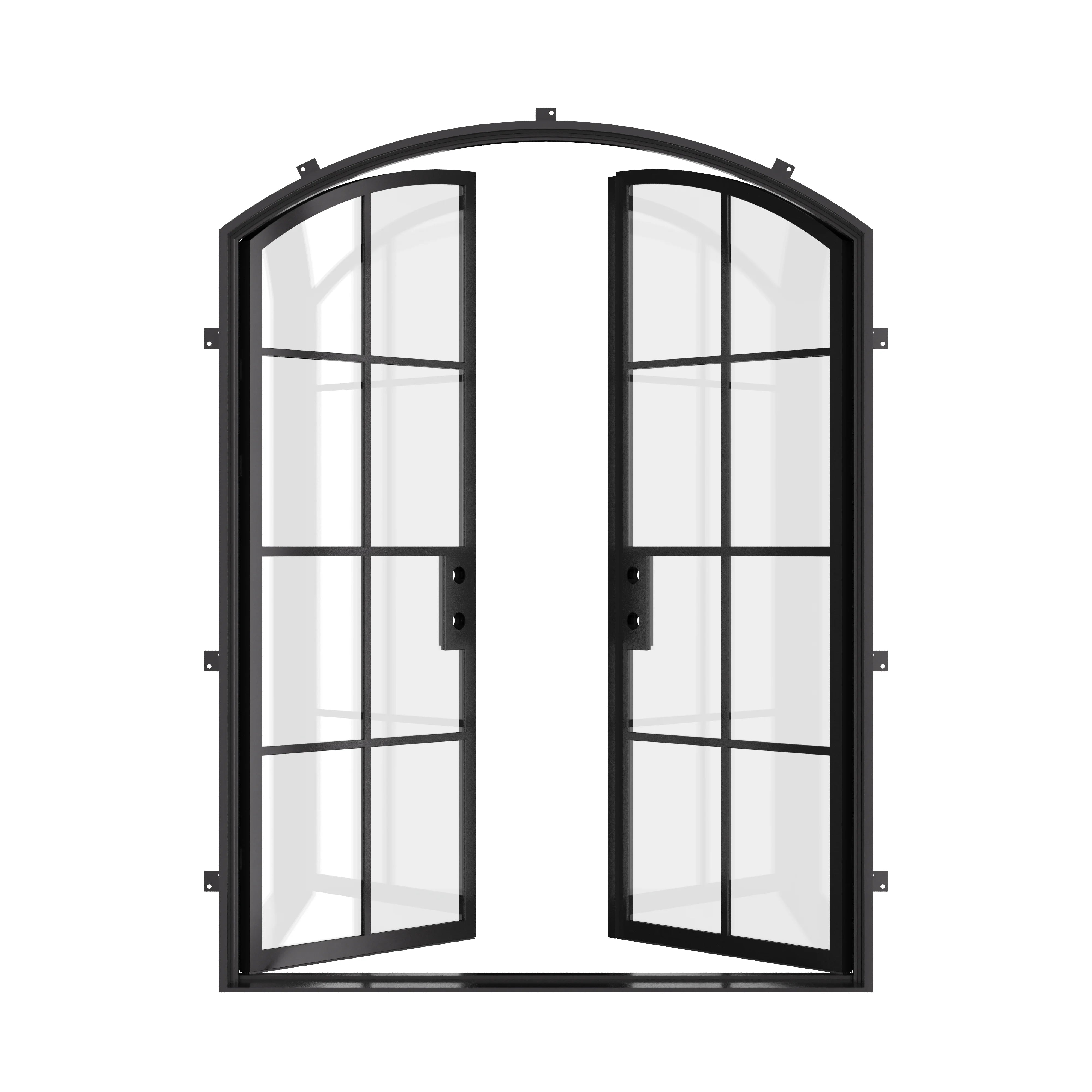 Contemporary double arch steel doors with architectural frame and safety glass