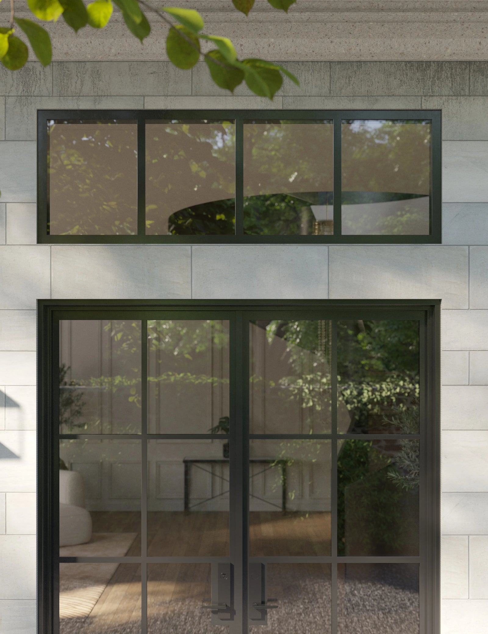 Flat transom window for exterior steel door system, insulated tempered glass