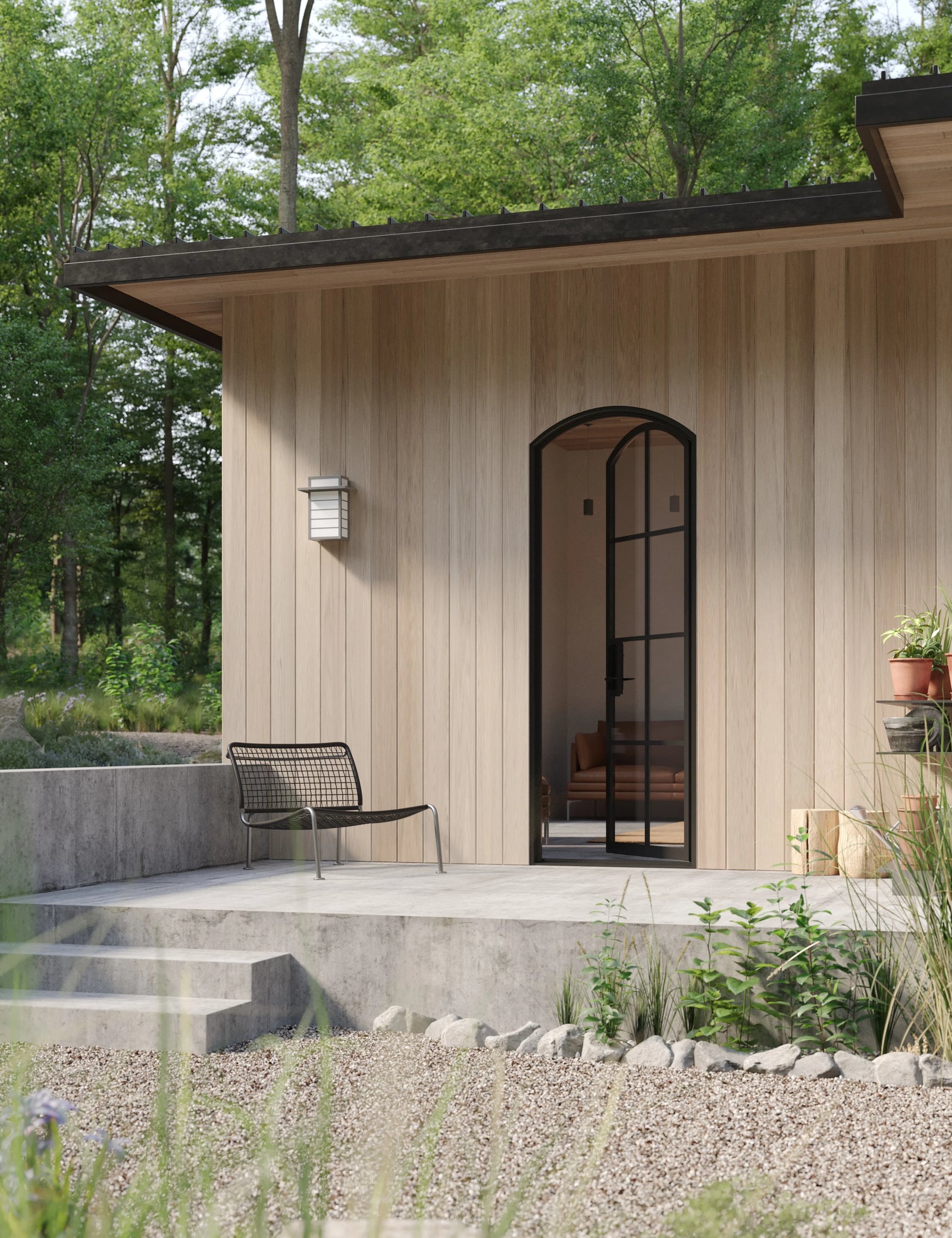 Modern single arch steel entry door, pre-hung insulated glazing