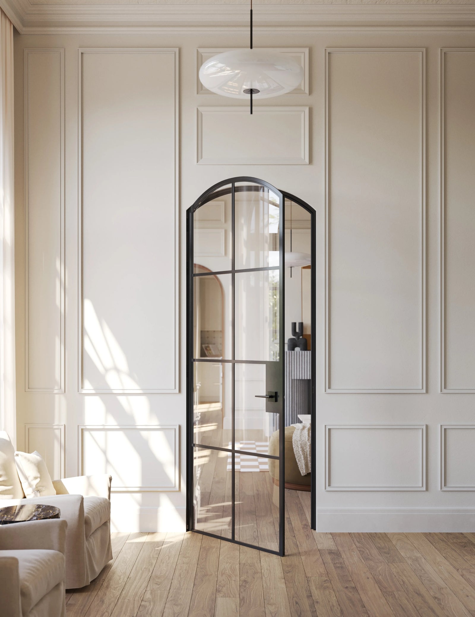 Interior single arch solid steel door, black finish