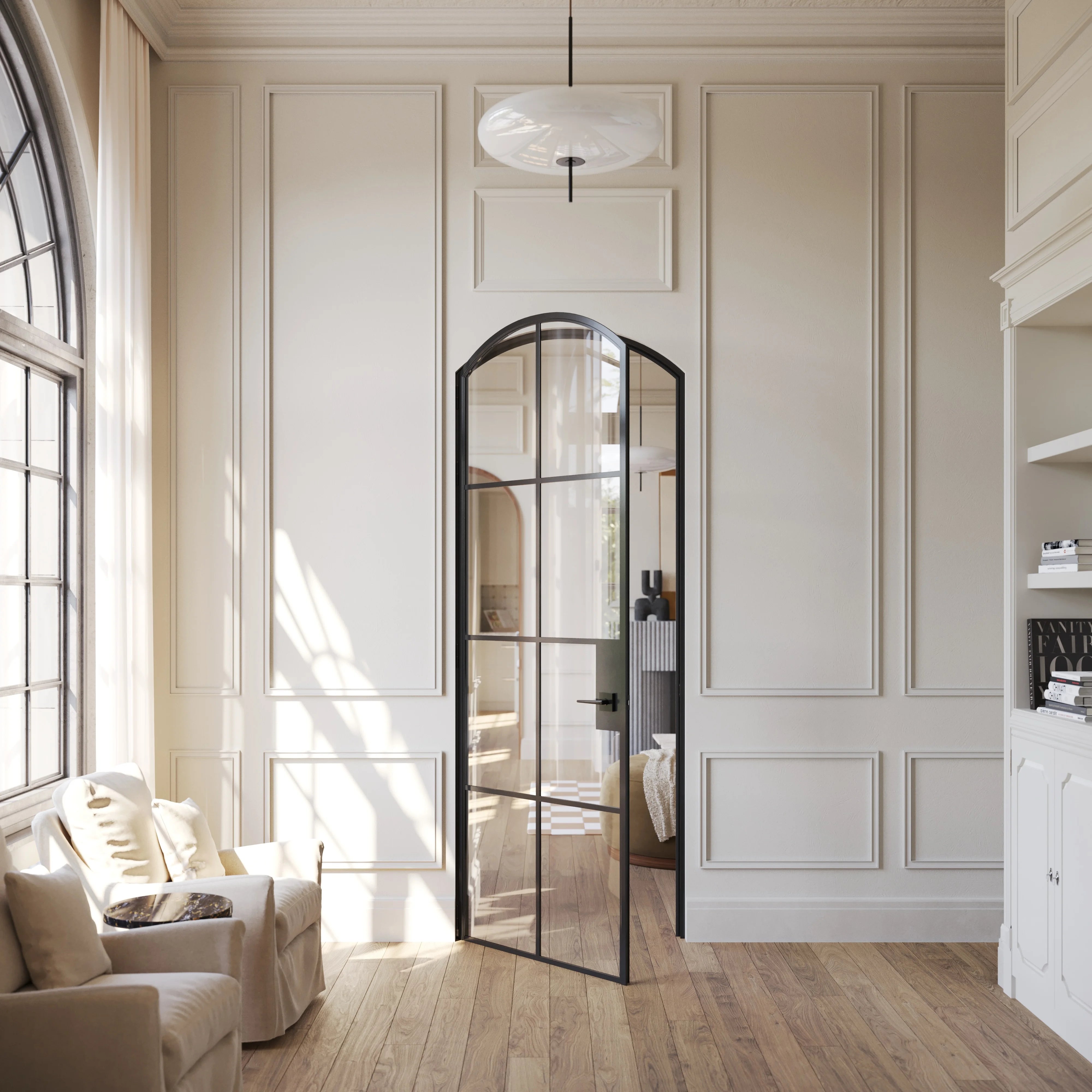 Interior single arch solid steel door, black finish