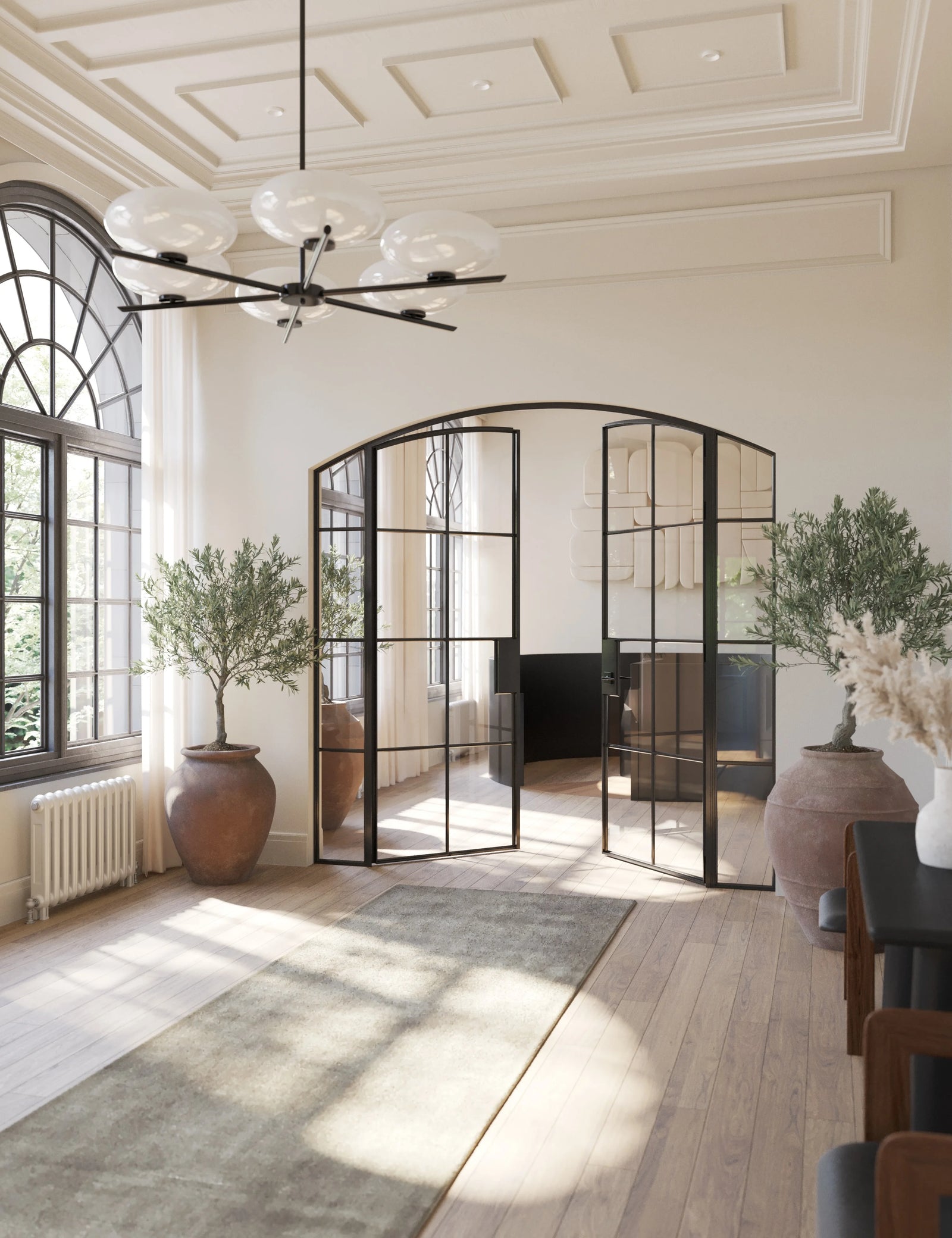 Air 5 double interior doors arch top with sidelights, modular black steel system