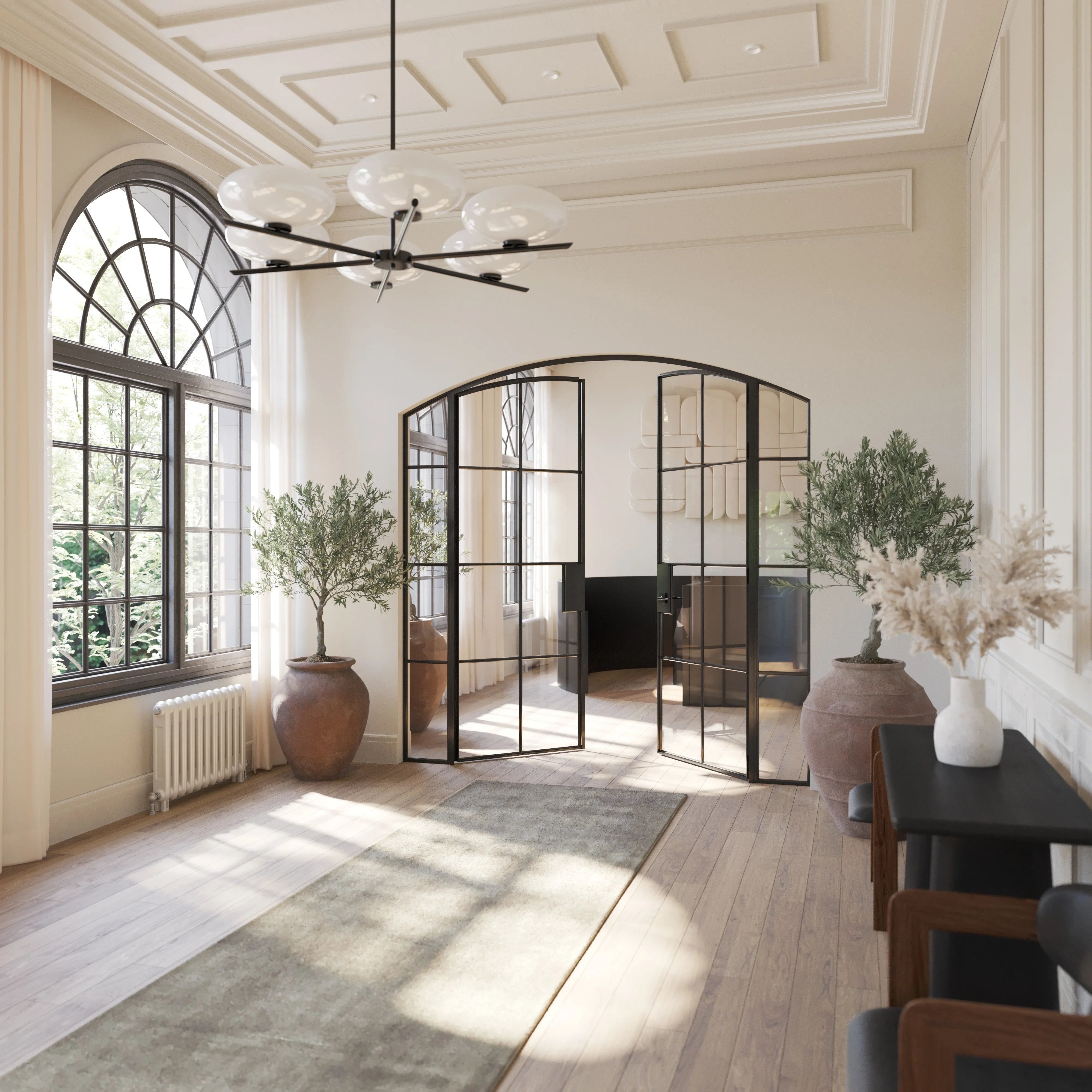 Air 5 double interior doors arch top with sidelights, modular black steel system
