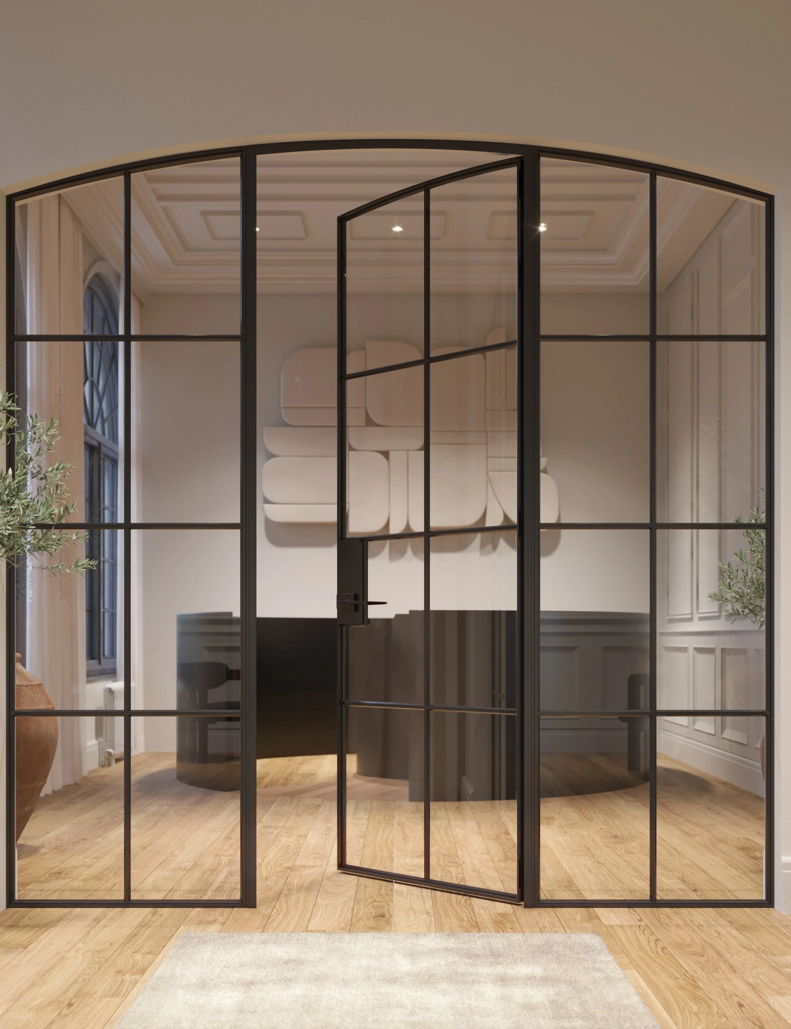 Interior single arch modular steel door with side windows