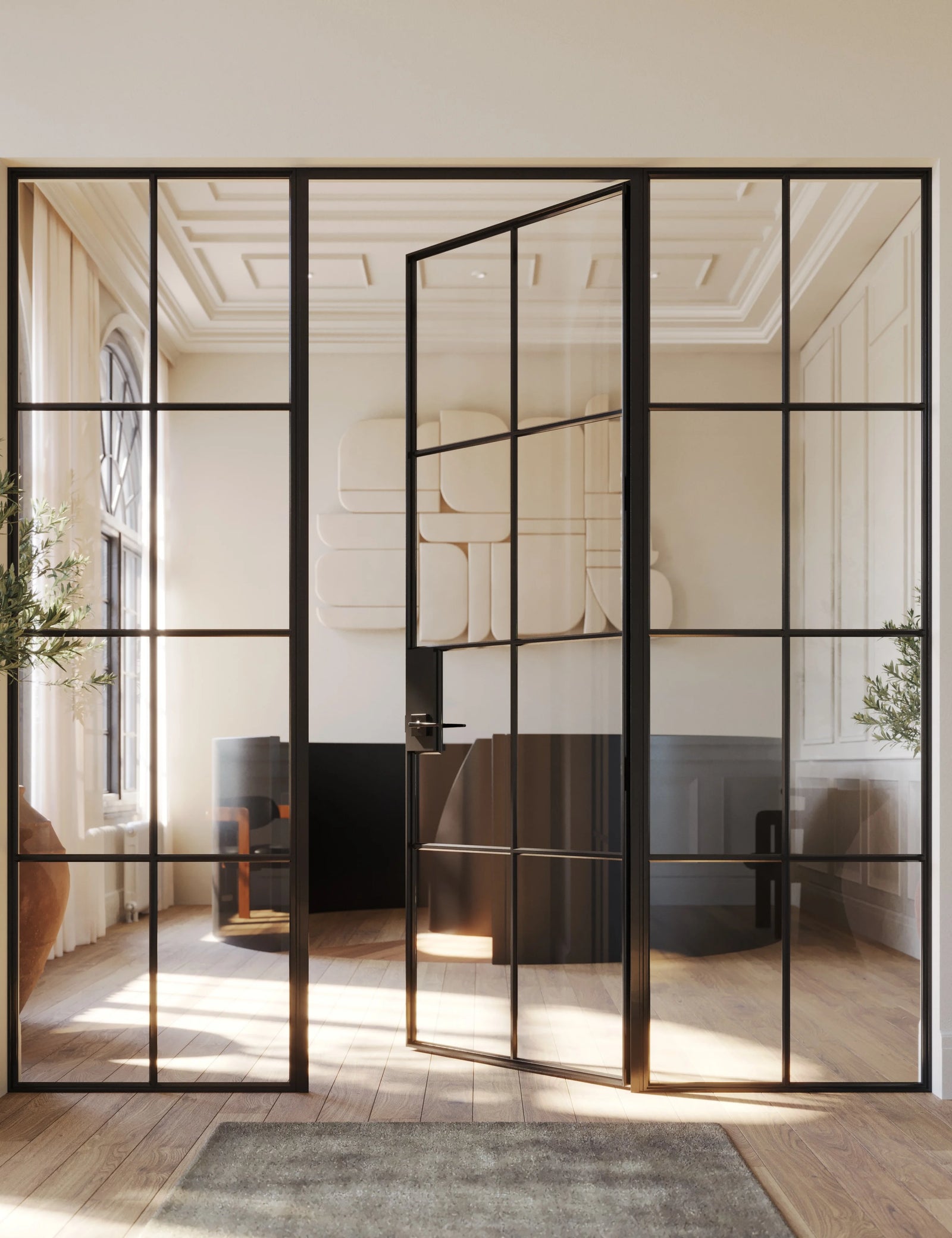 Air 5 interior single flat steel door with sidelights, black finish