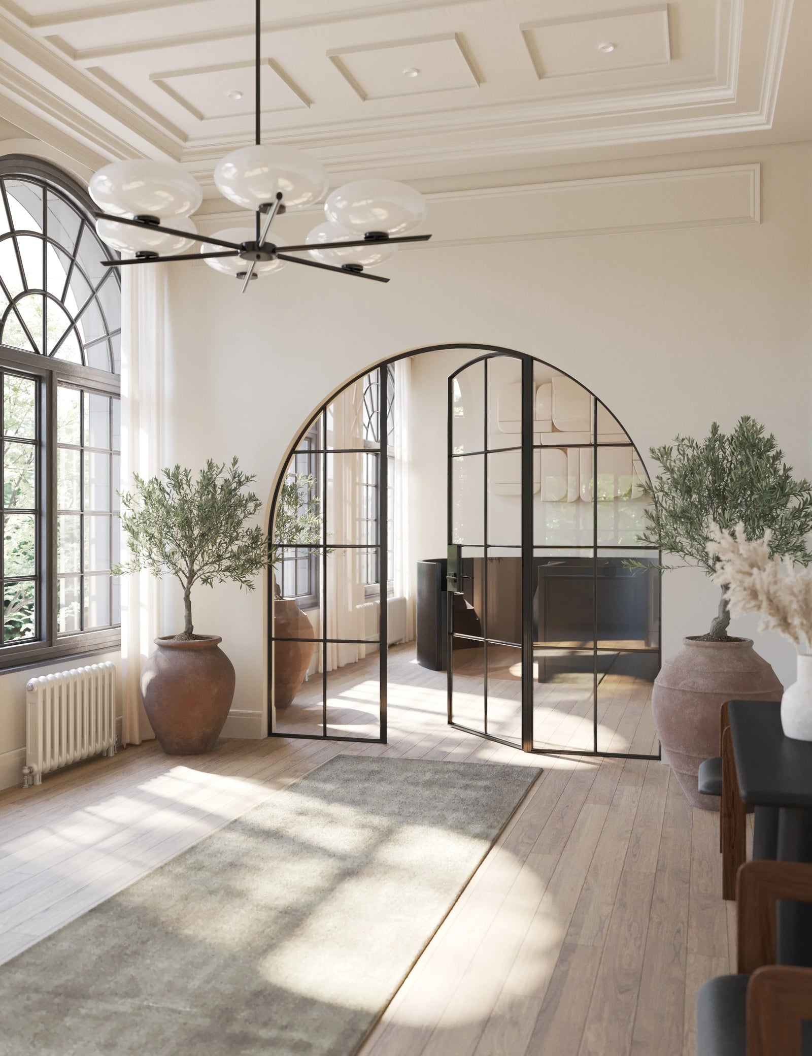 Interior single full arch modular steel door with side glass