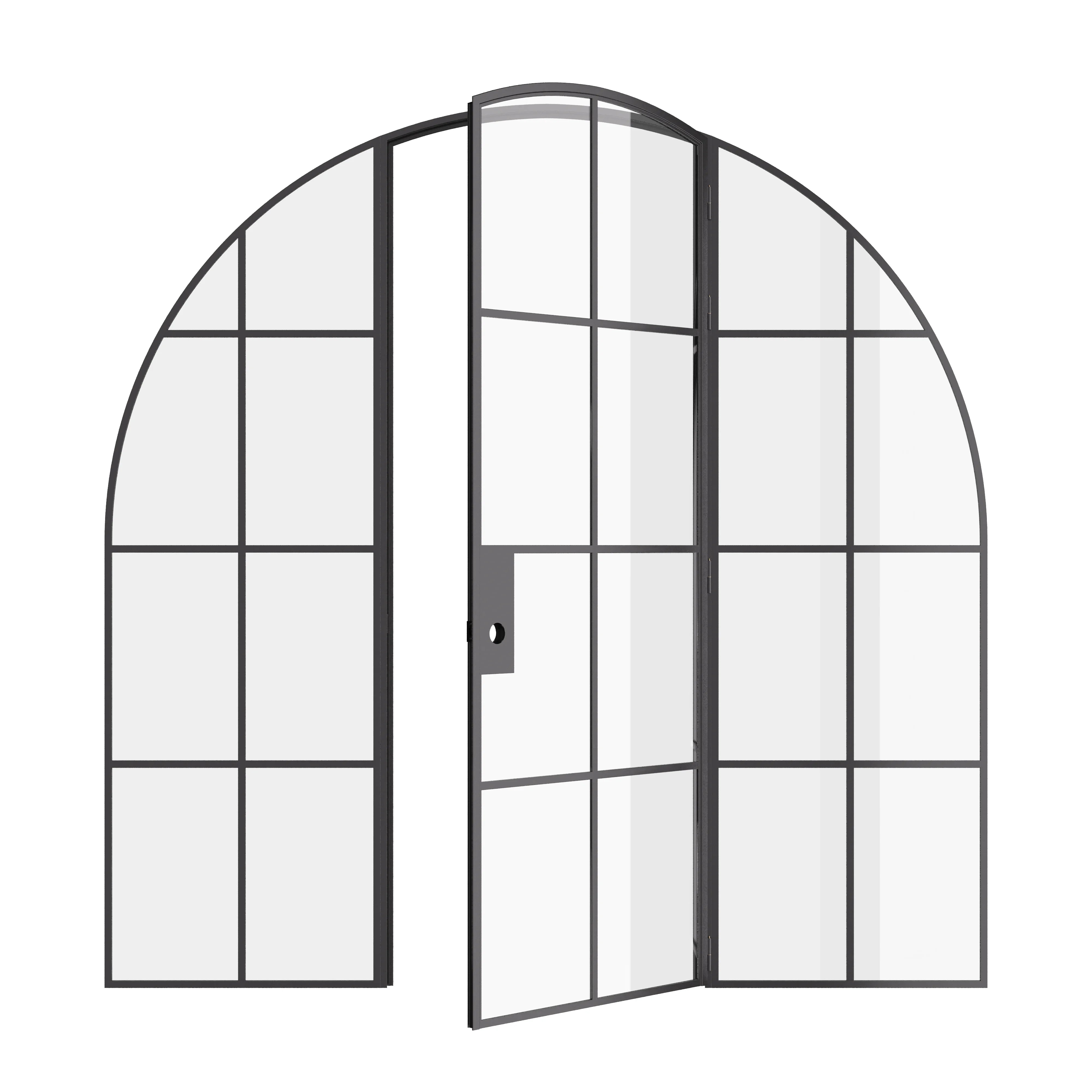 Interior single full arch solid steel door with glass panels