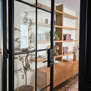 Sleek modern interior glass and steel door with sidelights