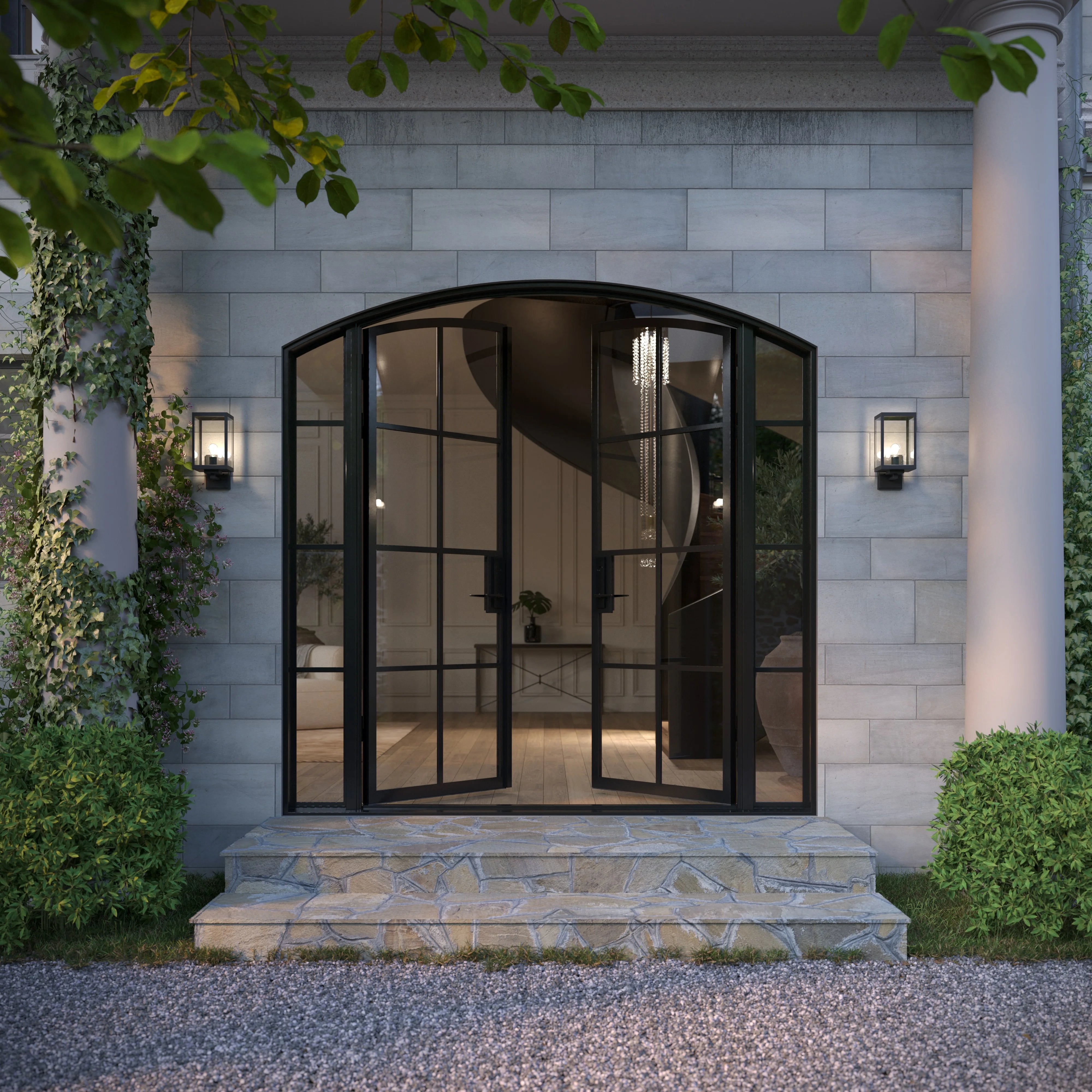 Modern double arch steel entry door with side windows
