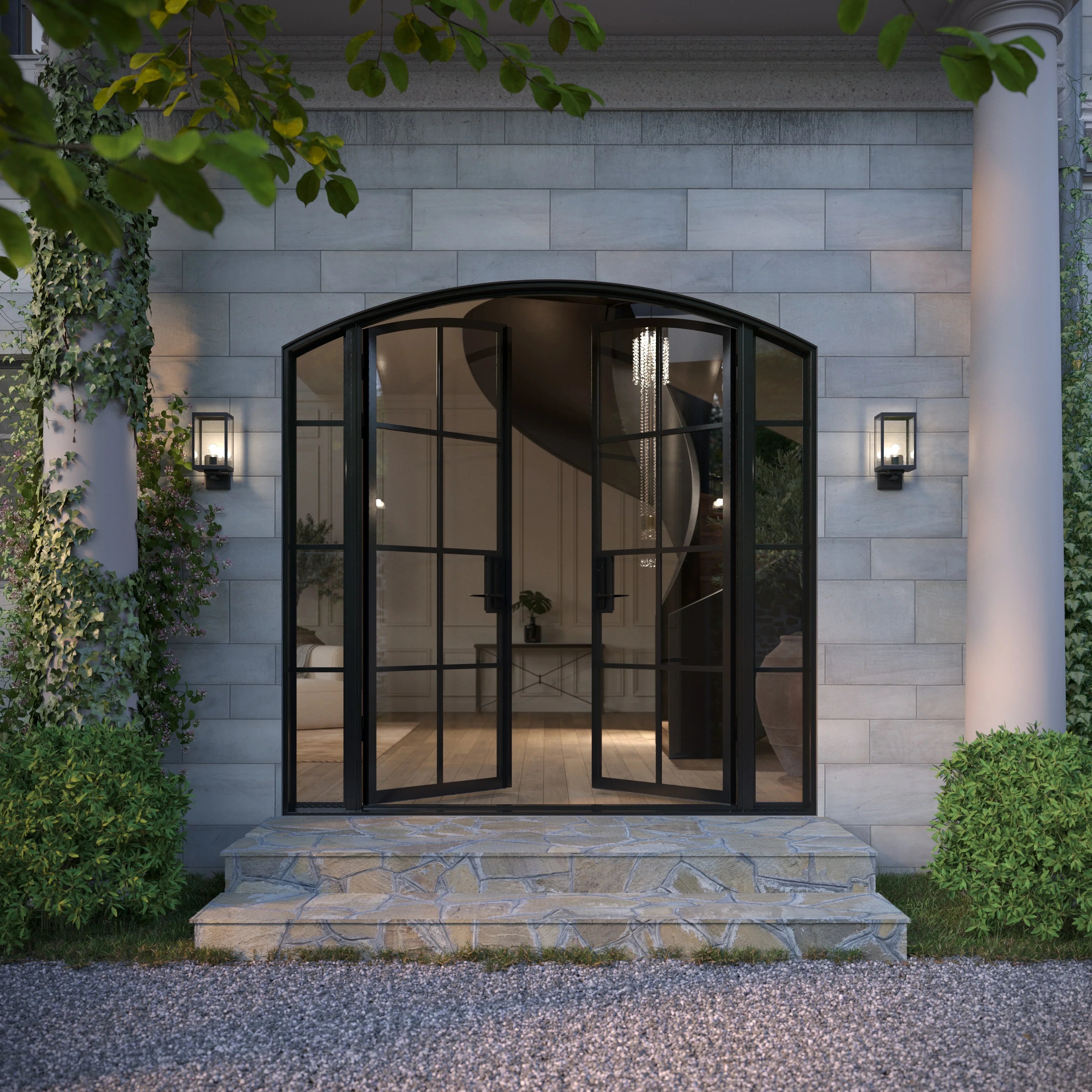 arched double entry with side windows and insulated frame