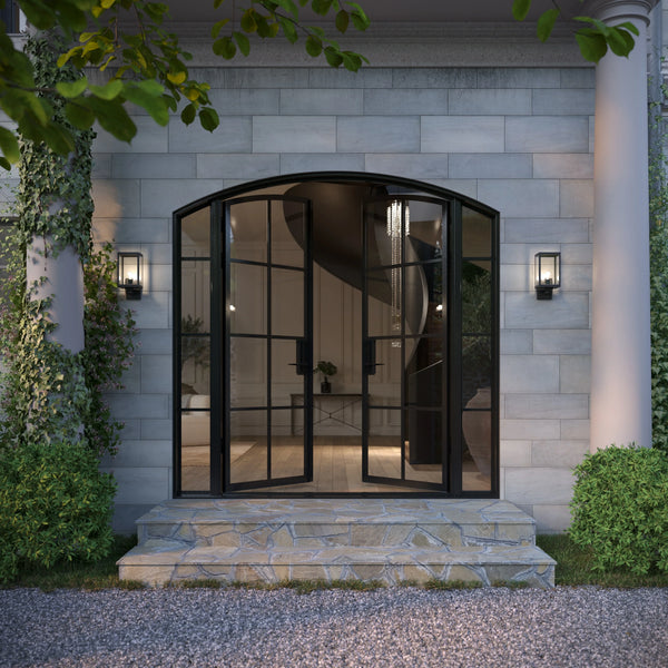 arched double entry with side windows and insulated frame