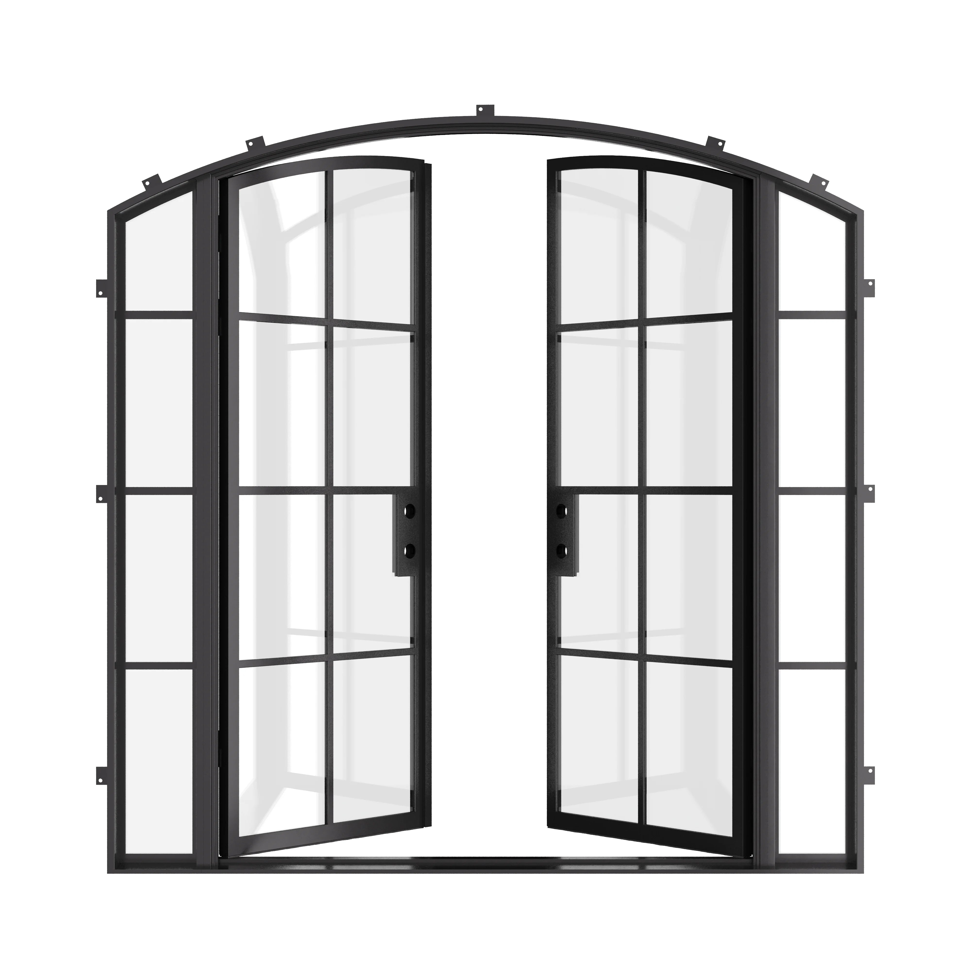Contemporary double arch exterior steel door with glass panels