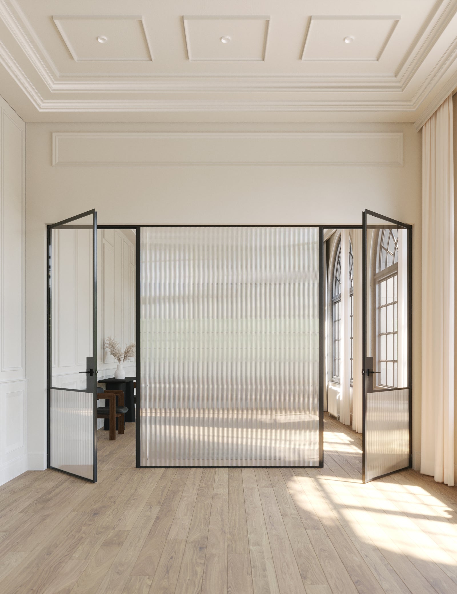 Modern interior architectural steel double doors with middle fixed glass panel, Air Grand OTTOSTUMM steel construction with removable threshold