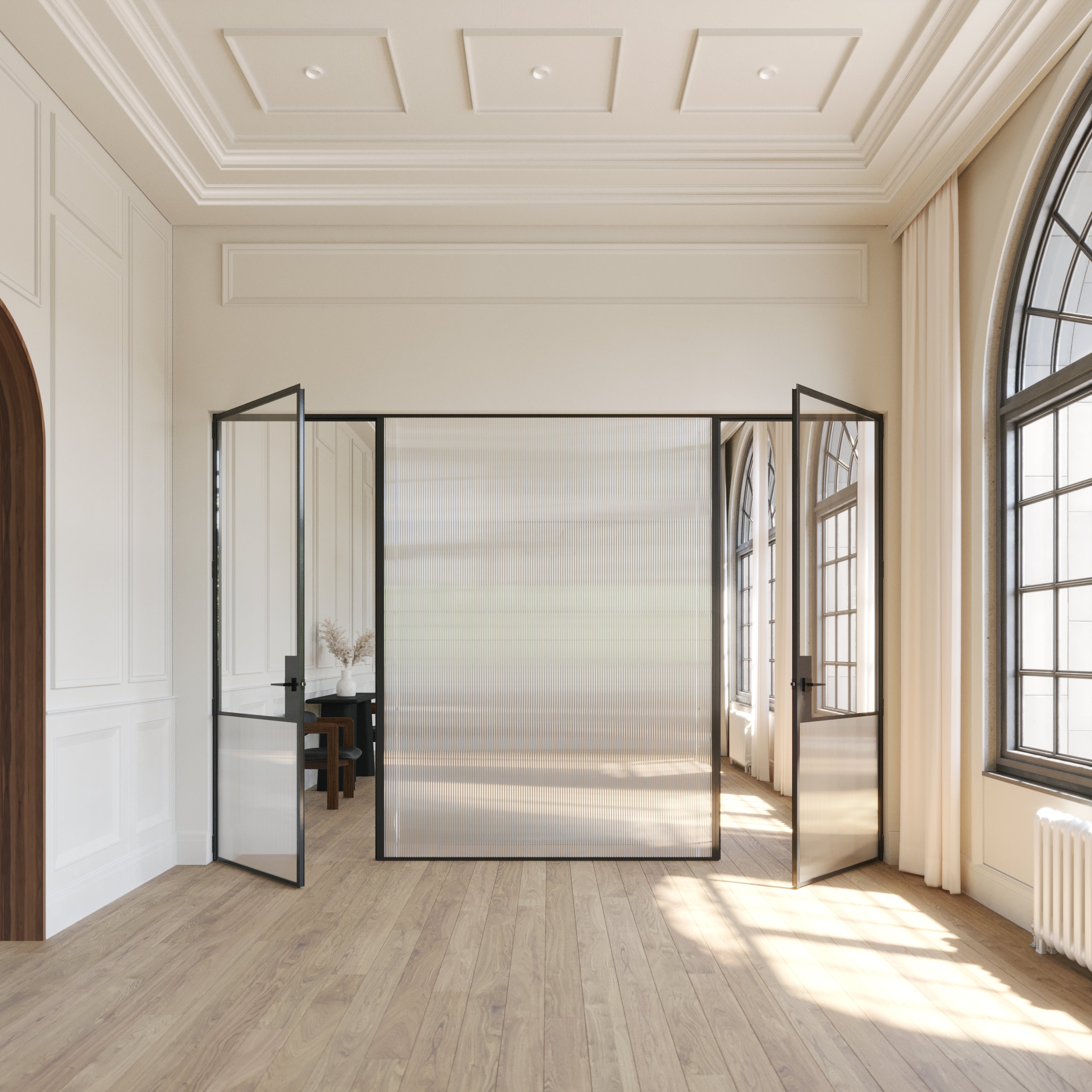 Modern interior architectural steel double doors with middle fixed glass panel, Air Grand OTTOSTUMM steel construction with removable threshold