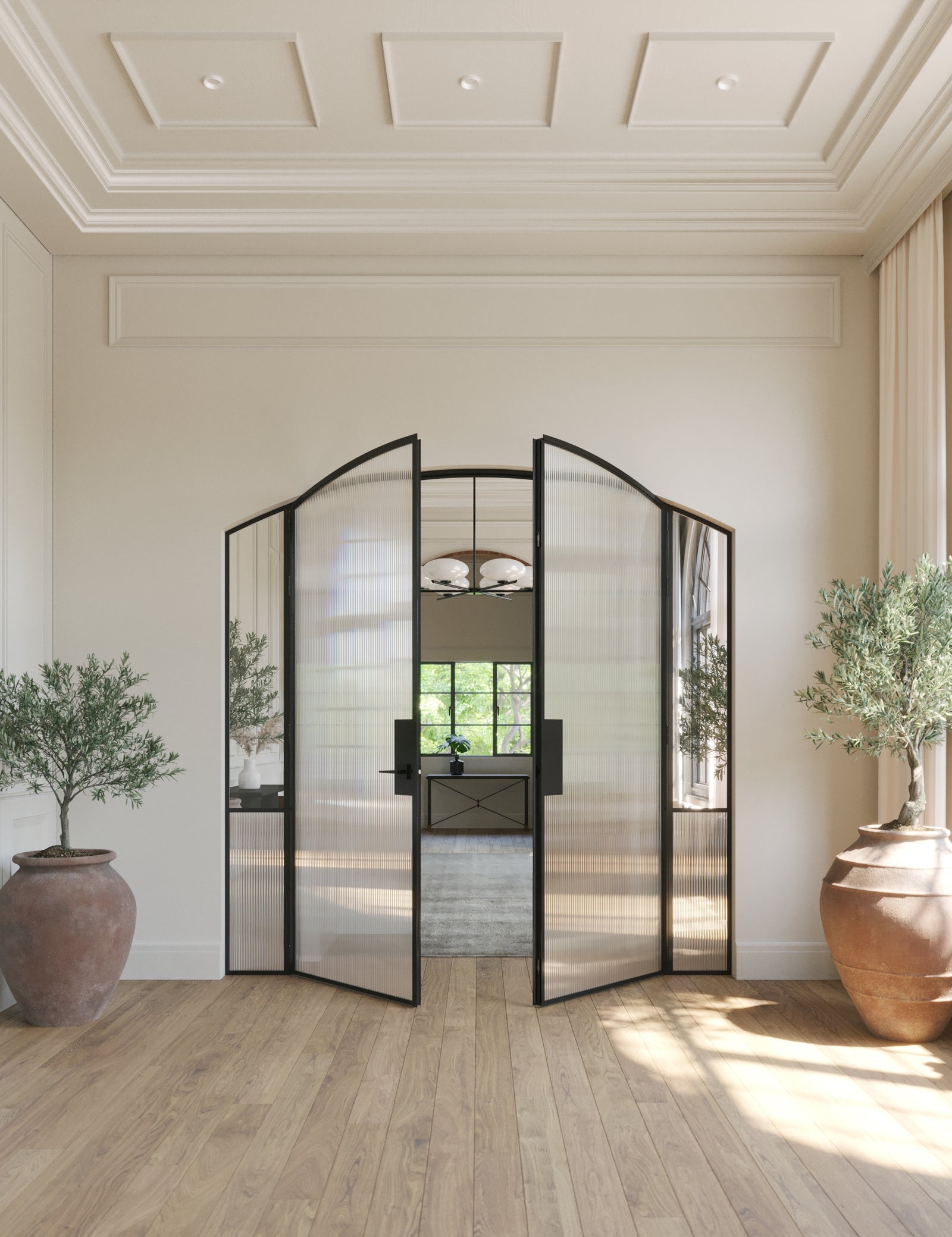 Modern interior double arch glass steel doors with side windows, Air Grand OTTOSTUMM hot-rolled steel construction