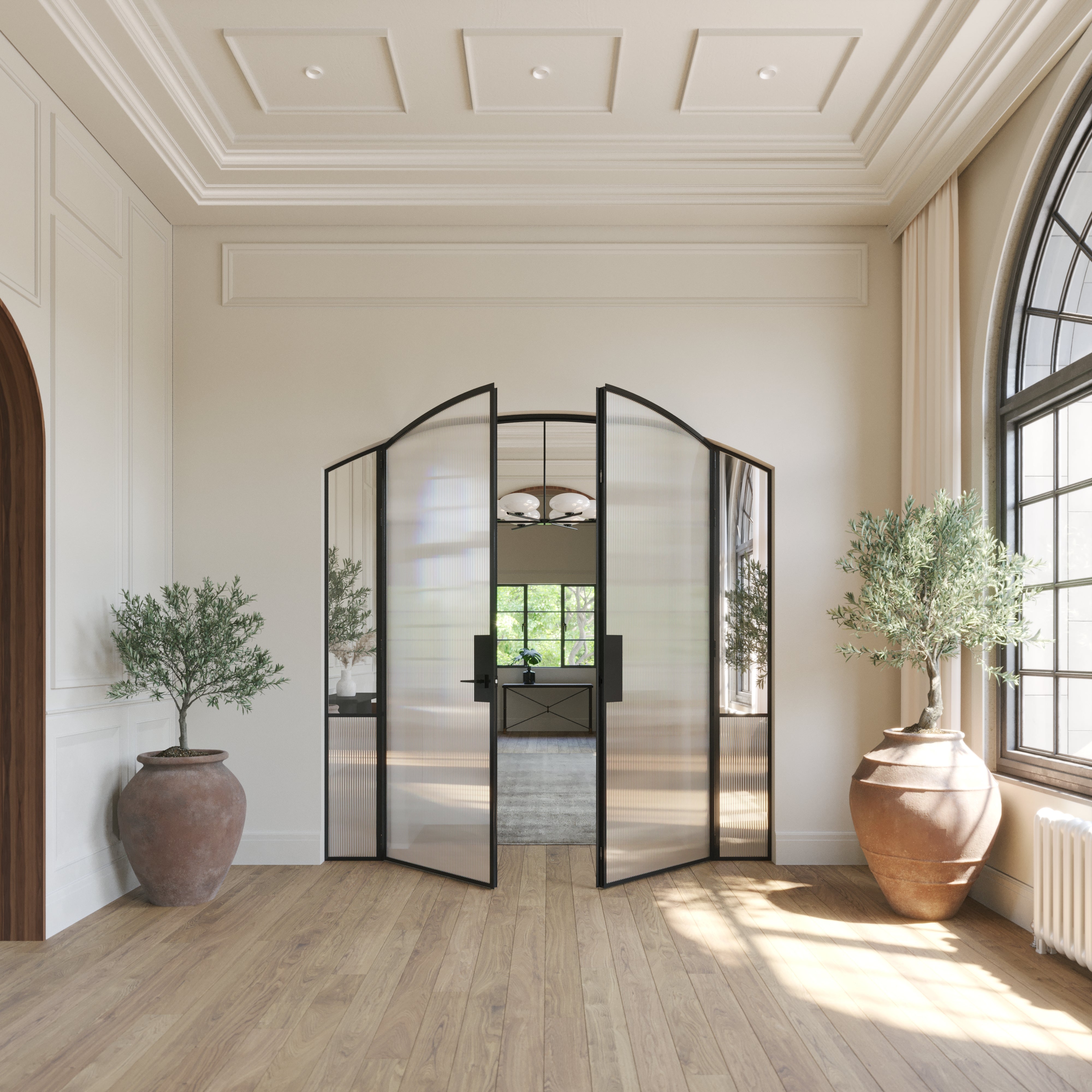 Modern interior double arch glass steel doors with side windows, Air Grand OTTOSTUMM hot-rolled steel construction