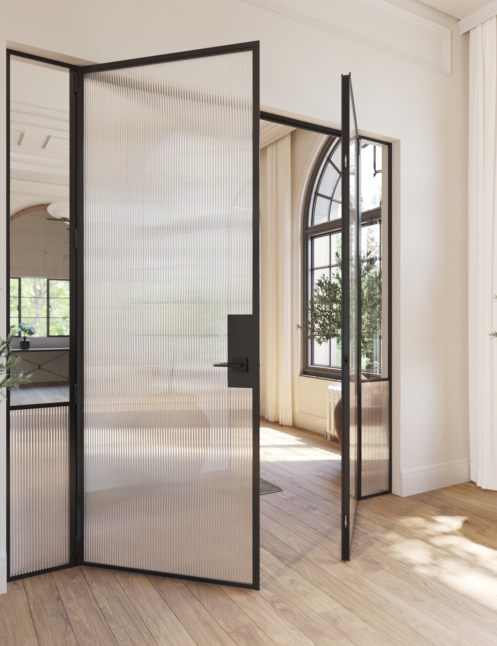 Contemporary interior steel double doors with side windows, Air Grand OTTOSTUMM steel construction with narrow sightlines