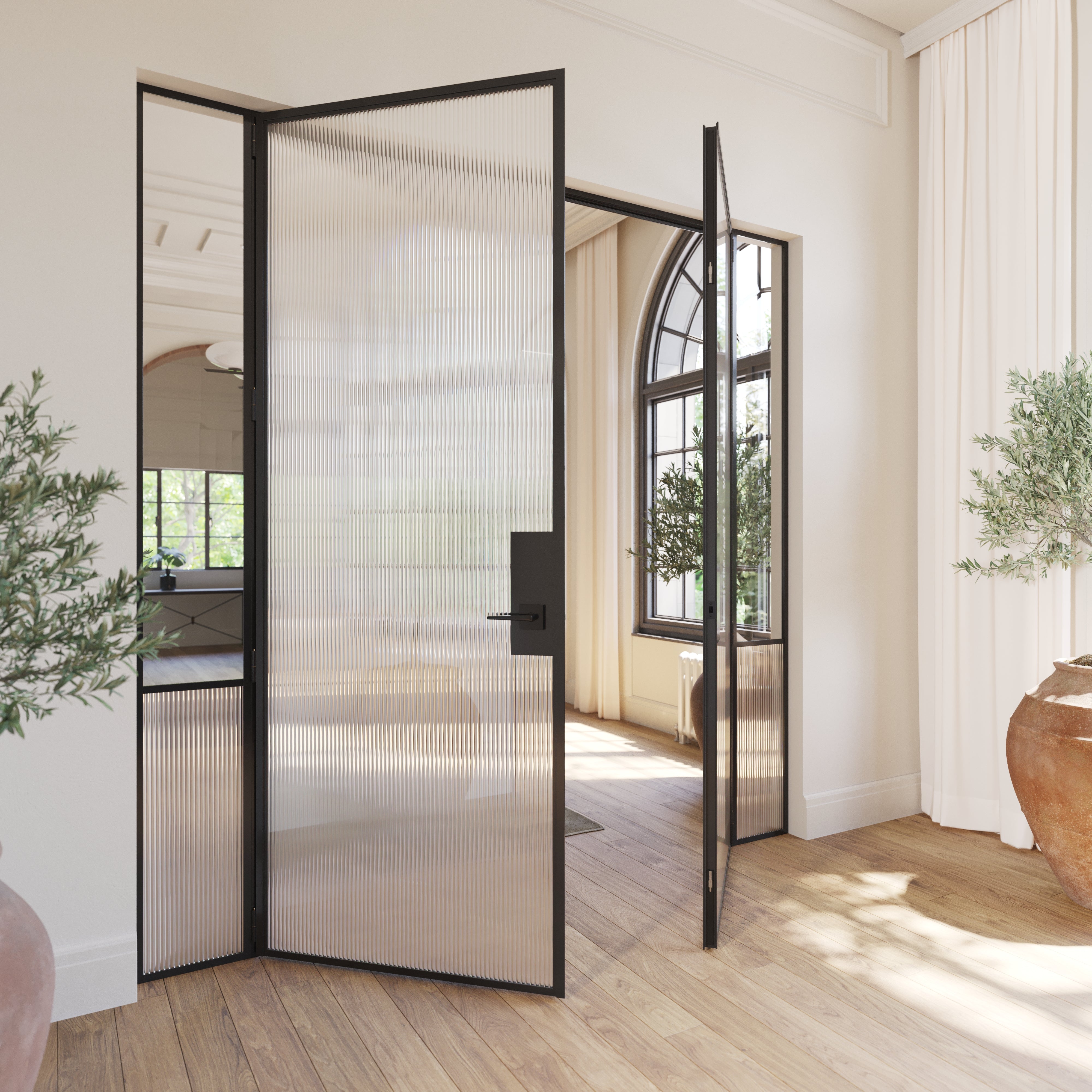 Contemporary interior steel double doors with side windows, Air Grand OTTOSTUMM steel construction with narrow sightlines