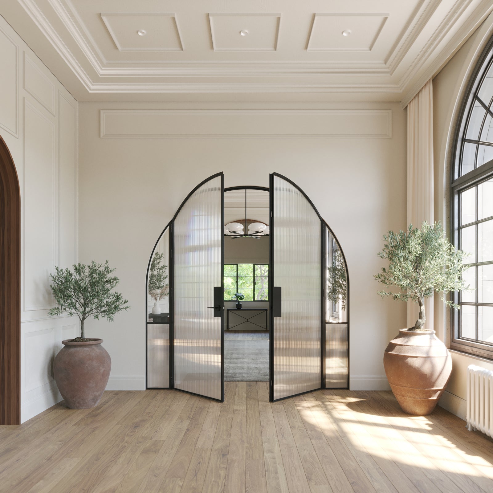 Modern Air Grand interior double steel doors with sidelights and full arch tops in sunset pink, OTTOSTUMM hot-rolled steel framing system