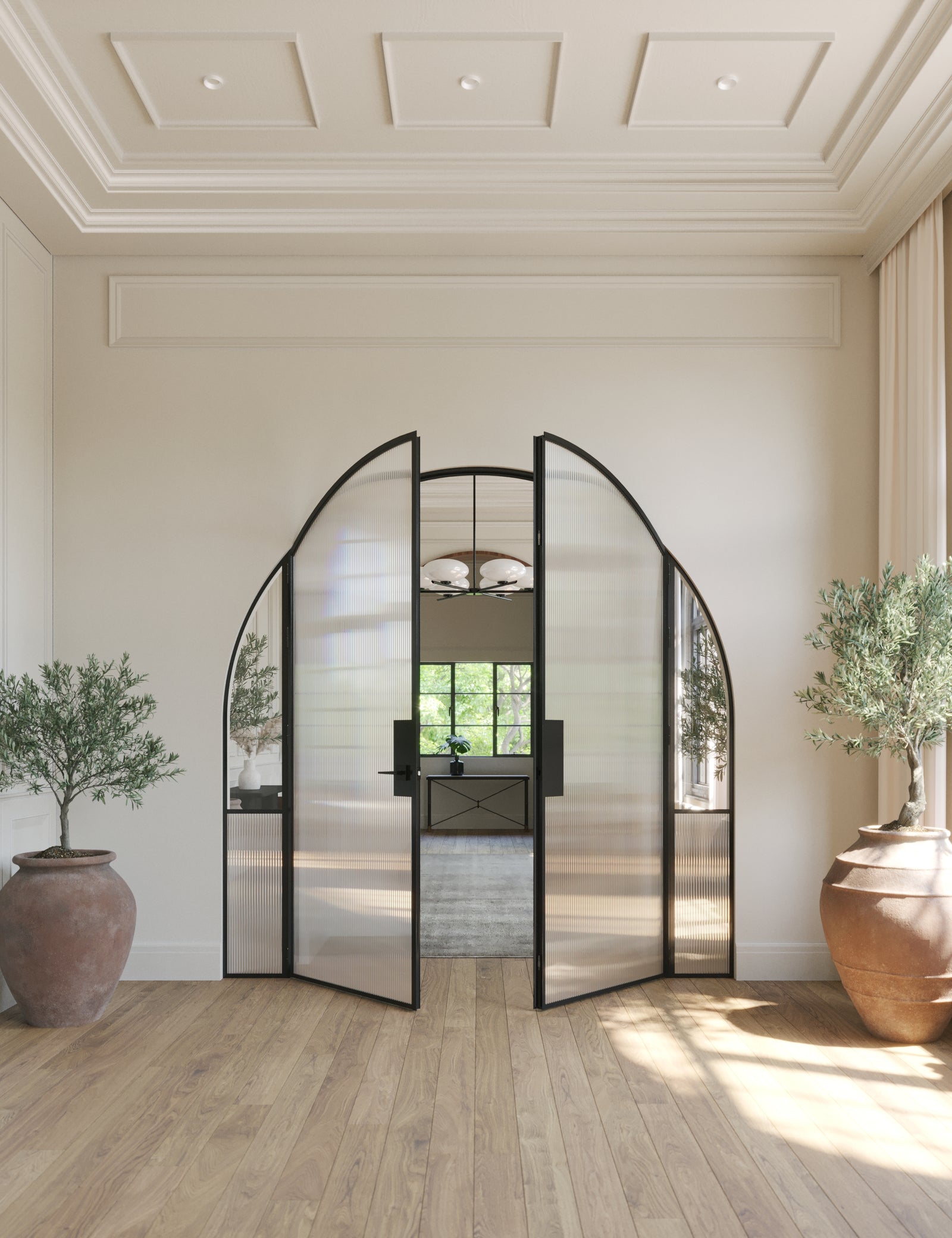 Modern Air Grand interior double steel doors with sidelights and full arch tops in sunset pink, OTTOSTUMM hot-rolled steel framing system