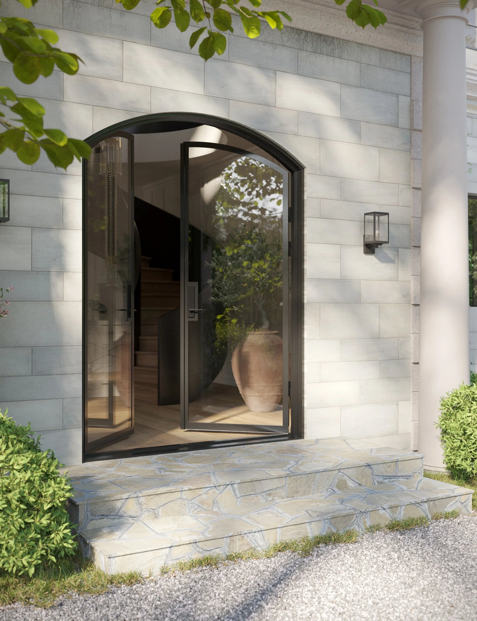 Architectural double arch steel entry doors with thermal barrier core