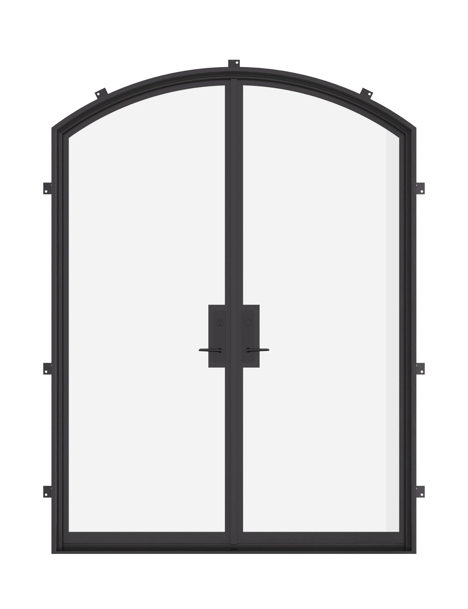 Double arch steel doors, NFRC-rated and pre-hung.