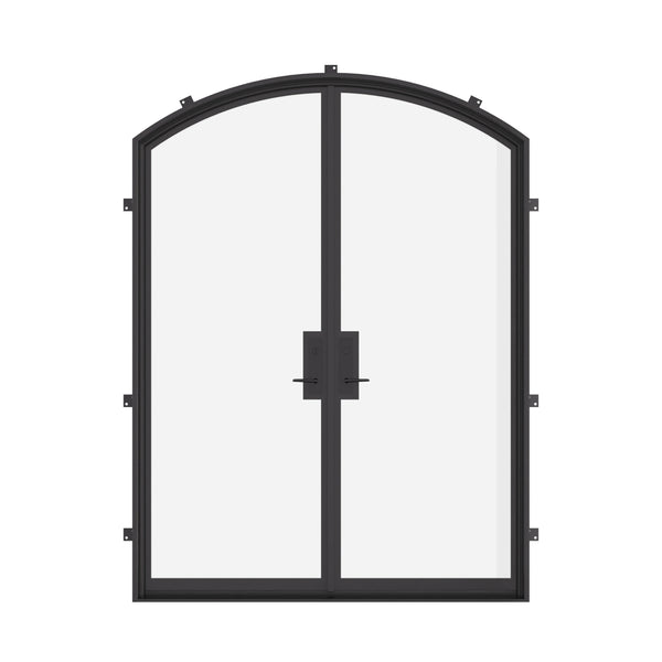 Double arch steel doors, NFRC-rated and pre-hung.