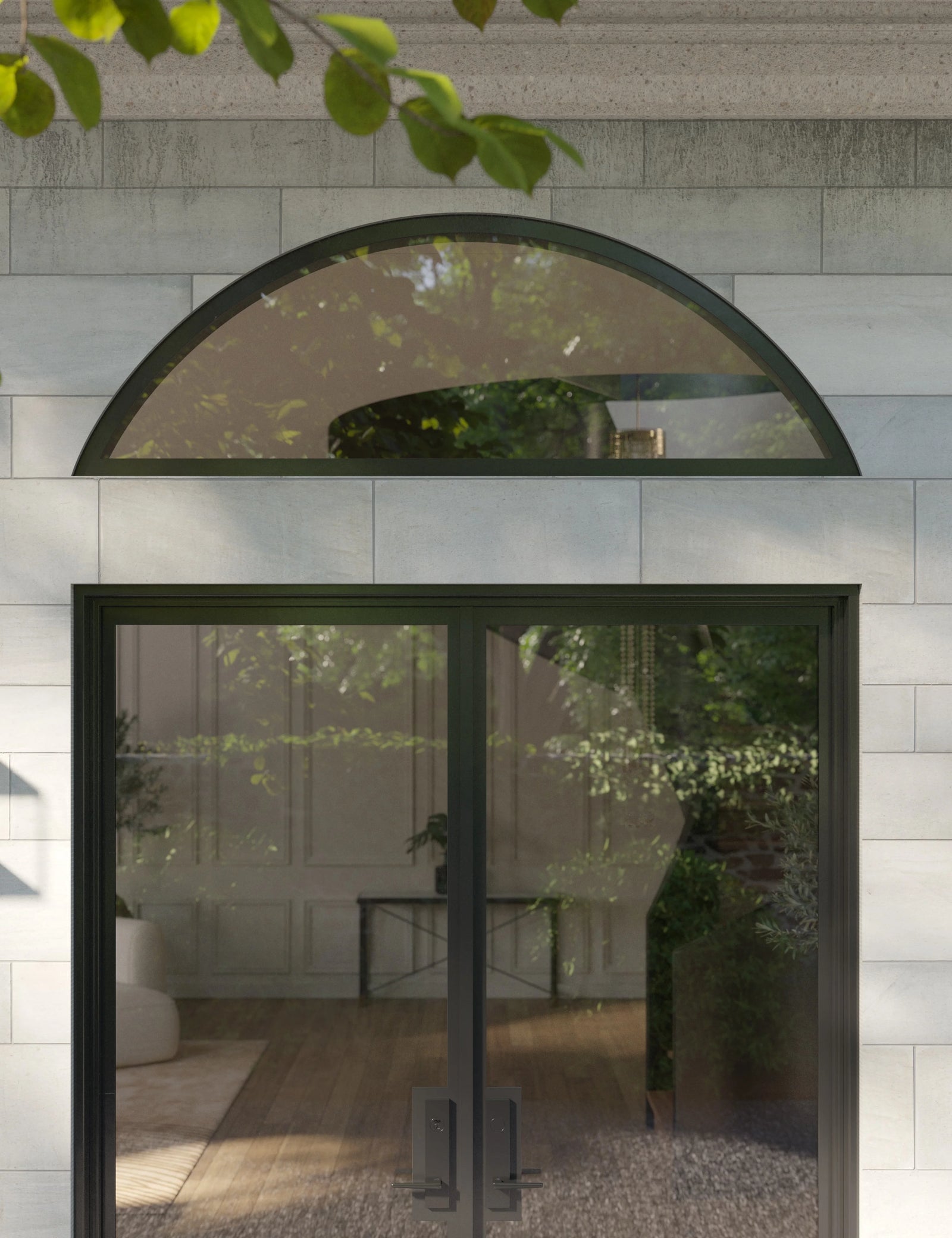 Air steel full arch transom window with curved steel frame design