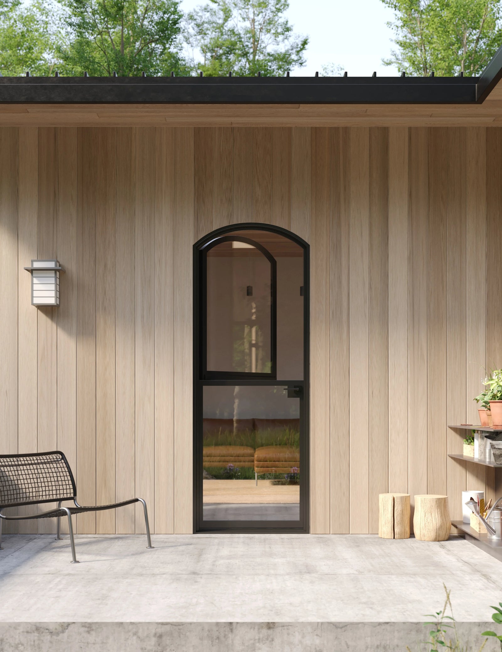 Single arch Dutch steel door with divided design and insulated glass.