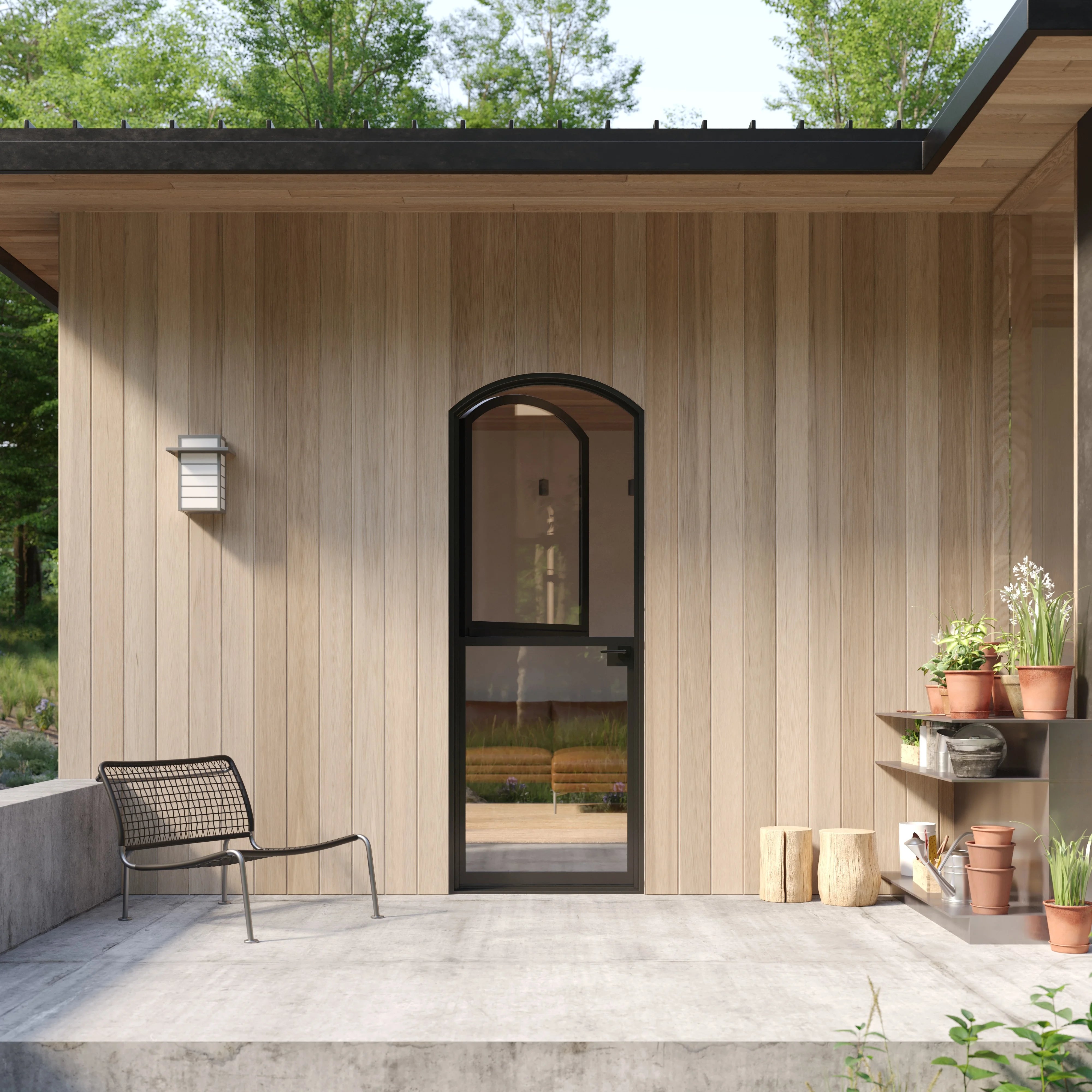 Single arch Dutch steel door with divided design and insulated glass.