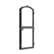 Arched Dutch steel entry door with slim frame and clear glazing.