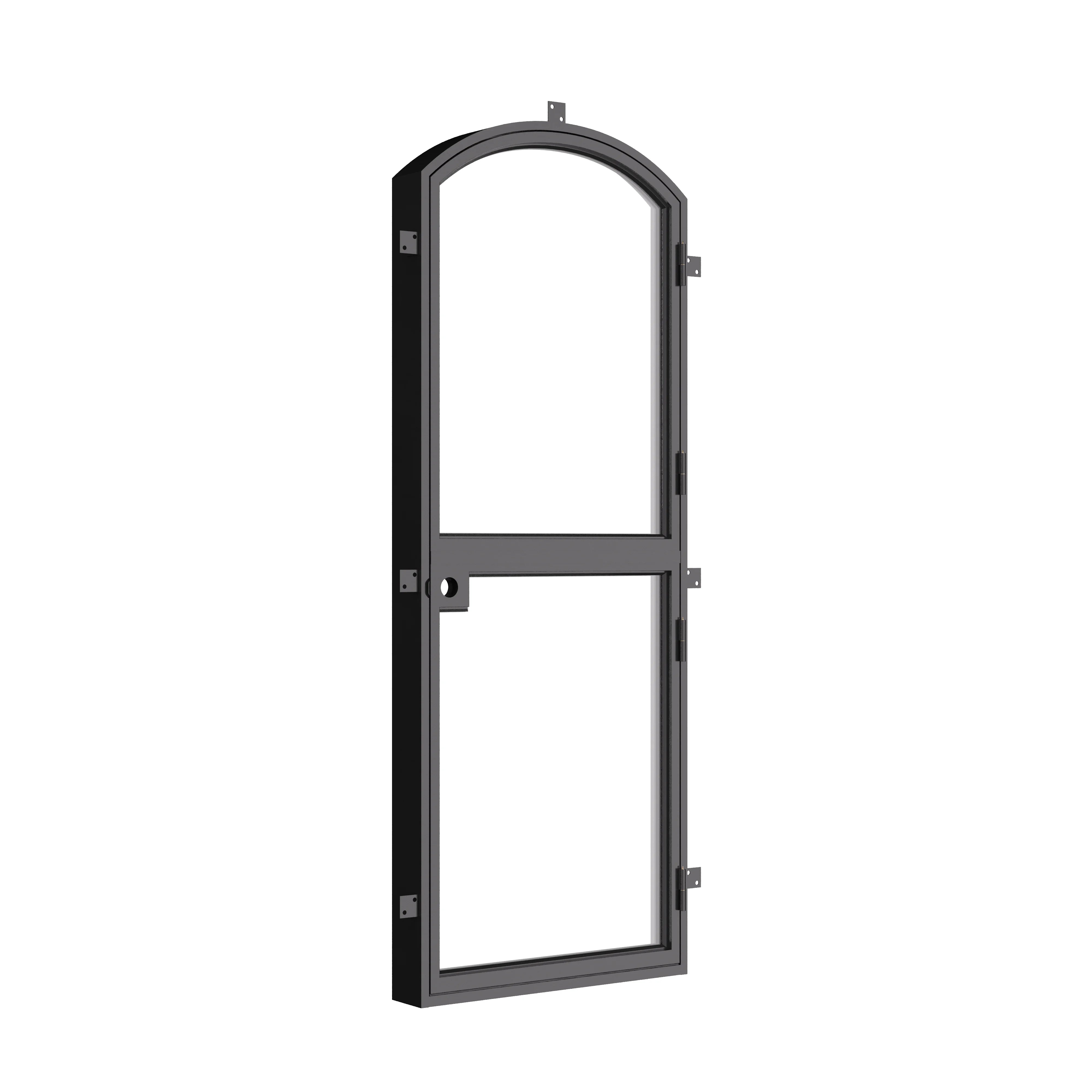 Arched Dutch steel entry door with slim frame and clear glazing.