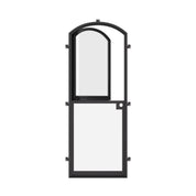 Cold-rolled steel Dutch door with arched top and glass panel.