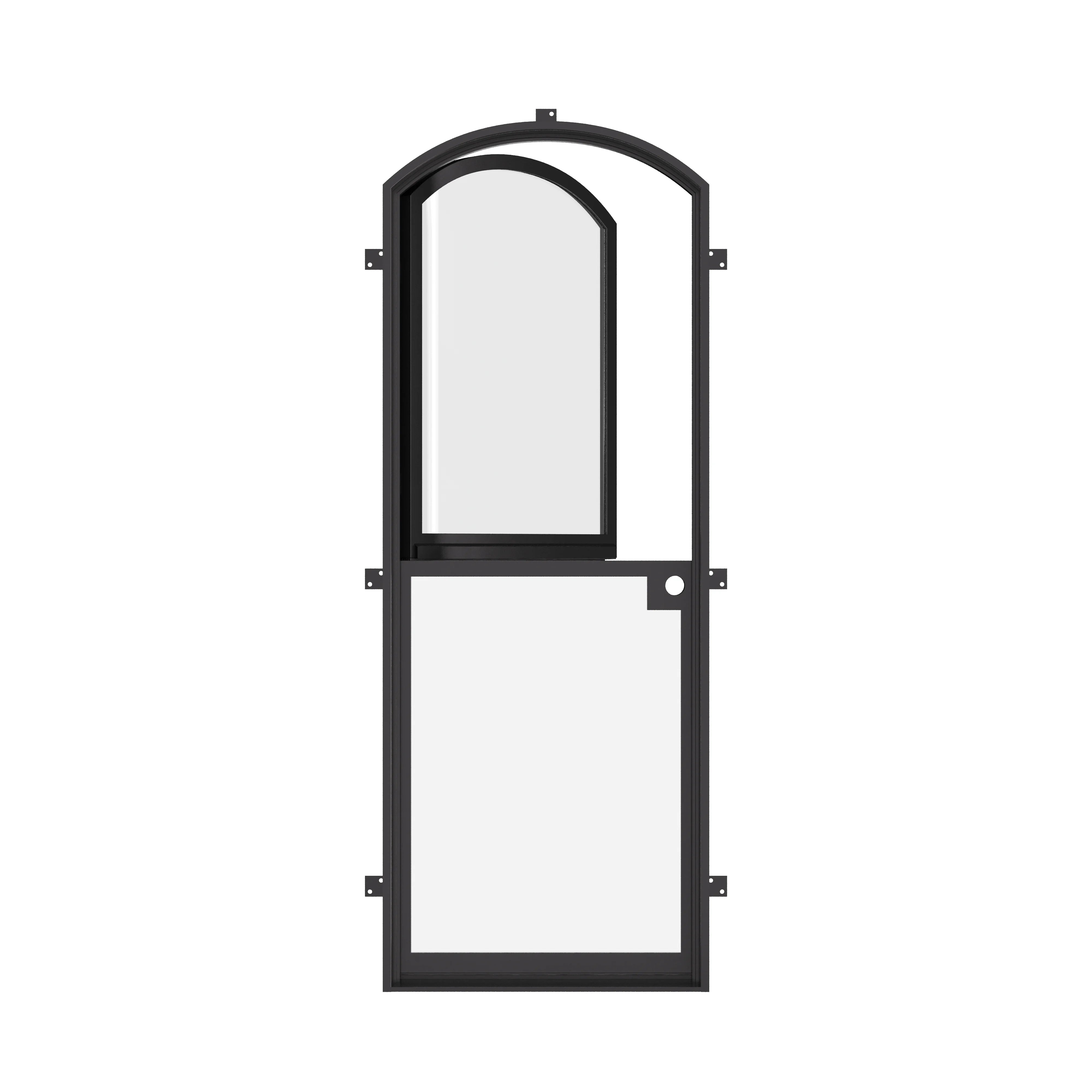 Cold-rolled steel Dutch door with arched top and glass panel.