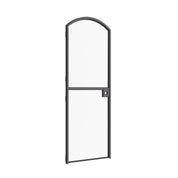 Architectural split Dutch door with slim hot-rolled steel frame and curved glass lite.