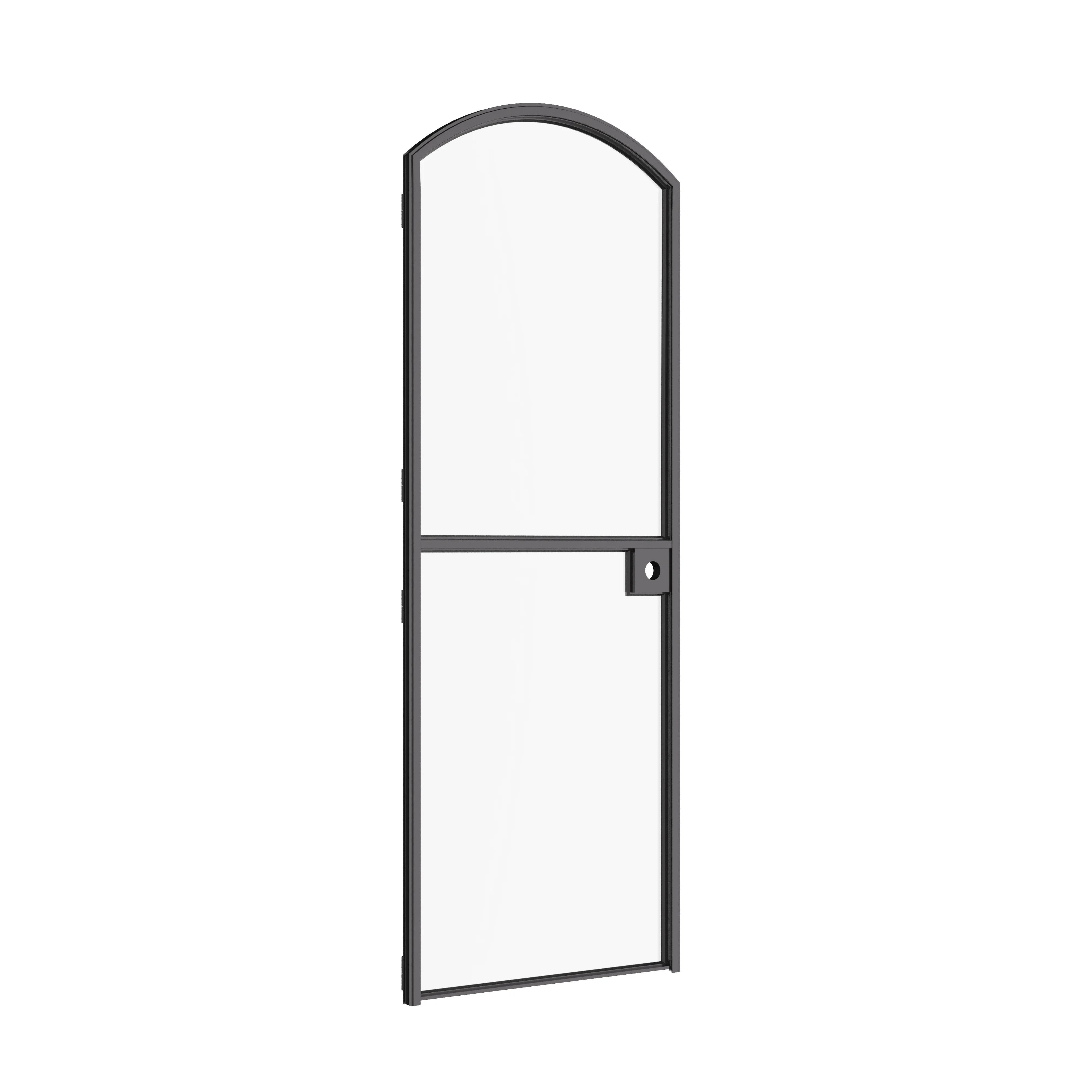 Architectural split Dutch door with slim hot-rolled steel frame and curved glass lite.