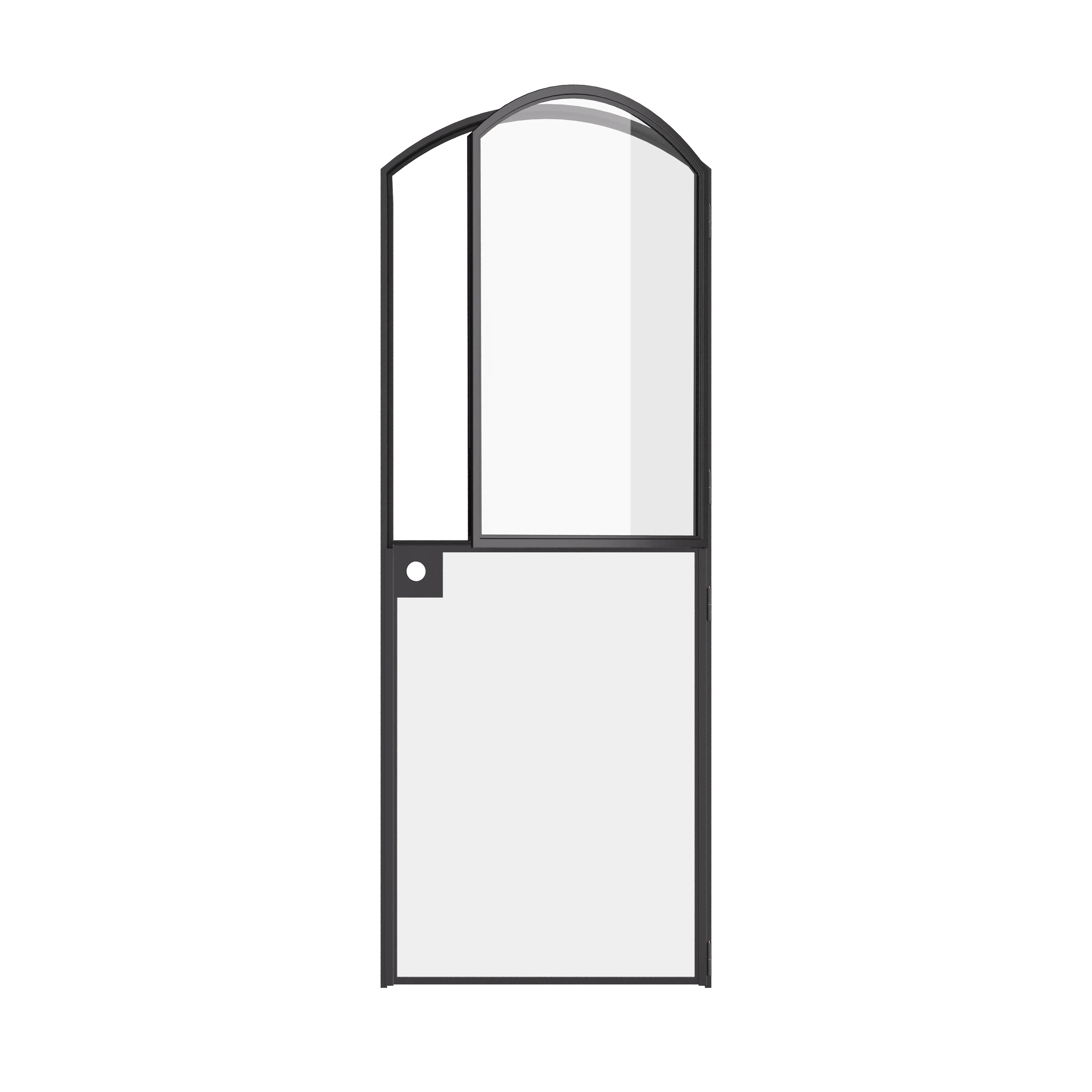 Pre-hung Dutch steel door with single arch profile and minimalist proportions.