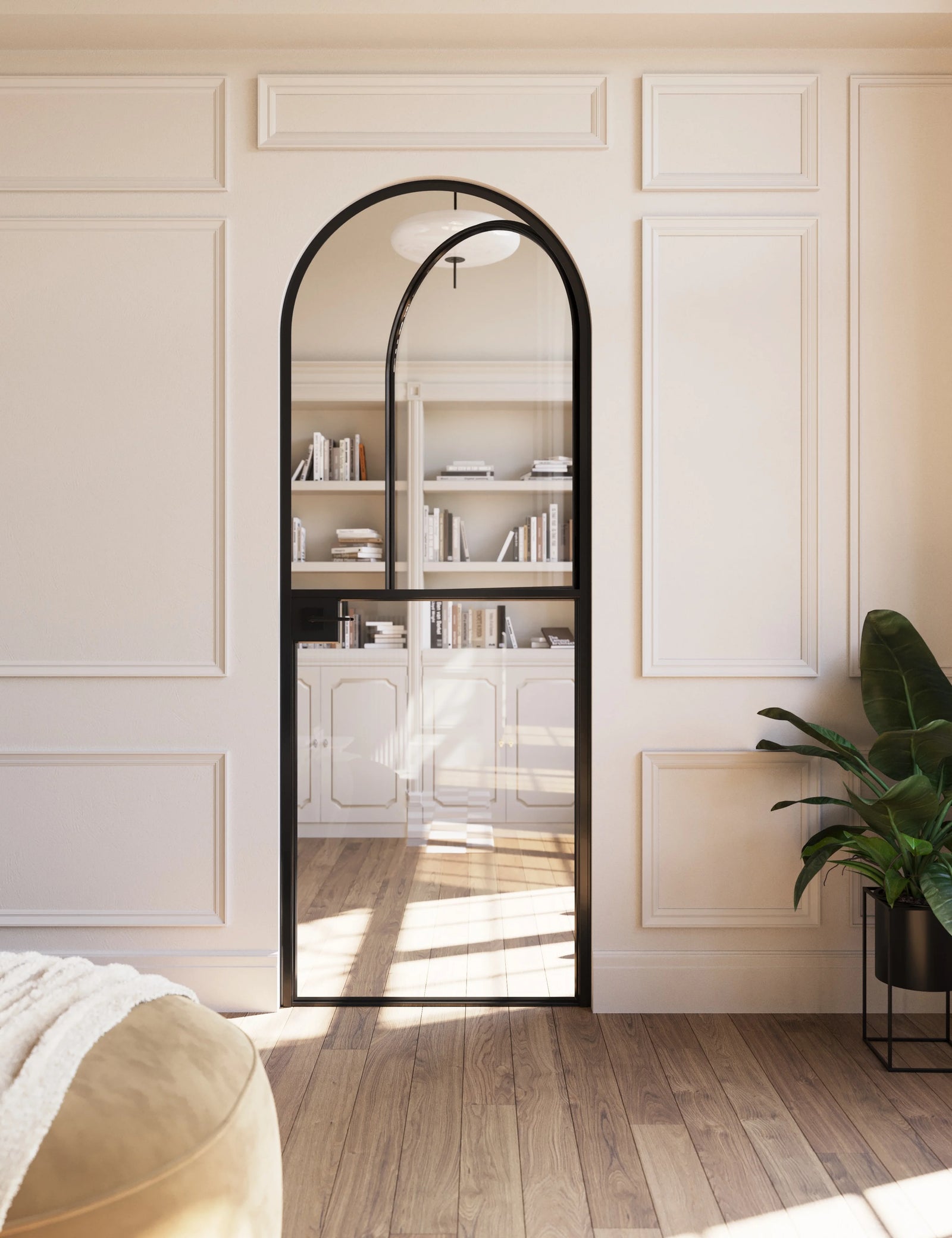 Solid steel Dutch door with full arch top and modular construction.