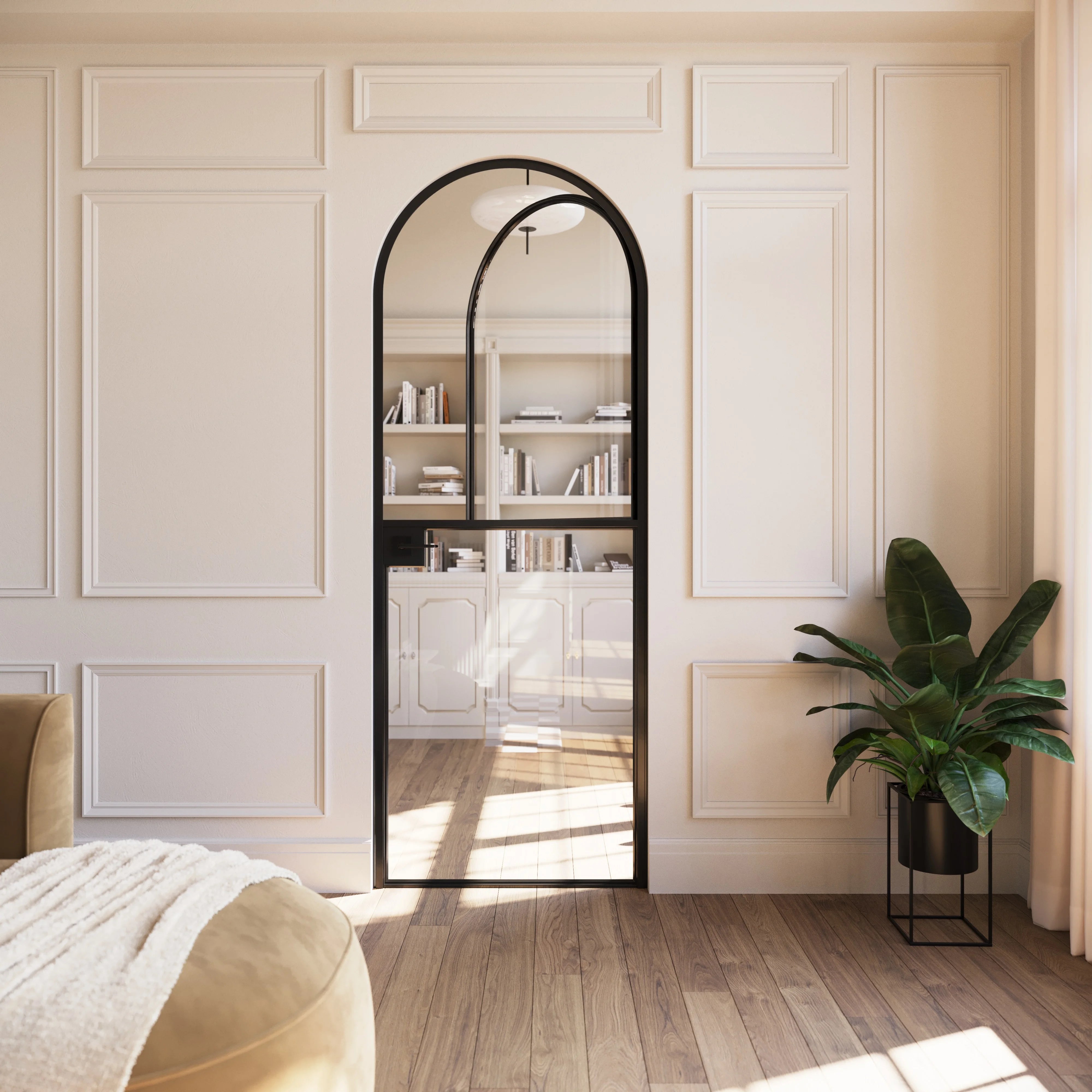 Solid steel Dutch door with full arch top and modular construction.