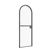 Narrow-profile Dutch door with curved top lite and refined steel lines.