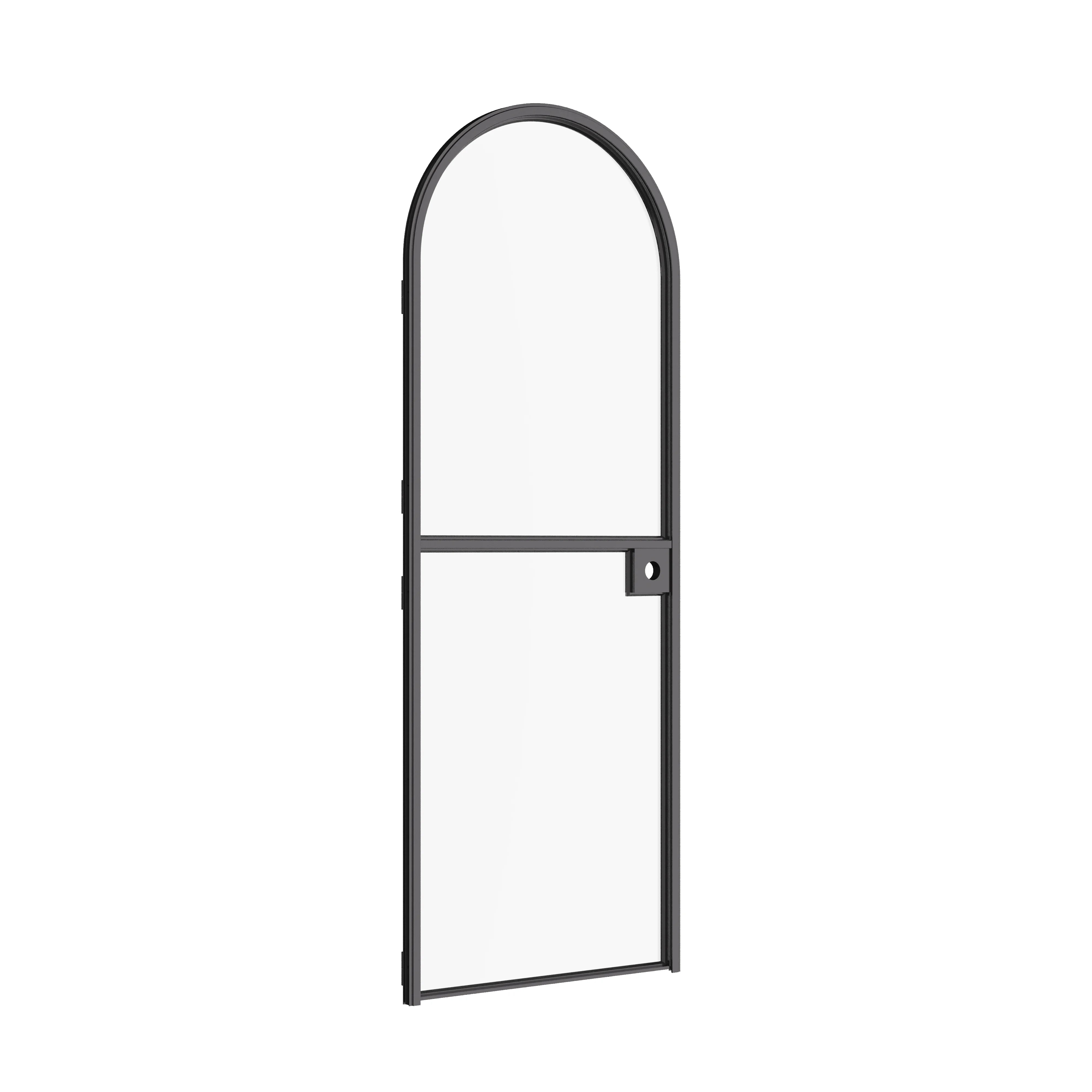 Narrow-profile Dutch door with curved top lite and refined steel lines.