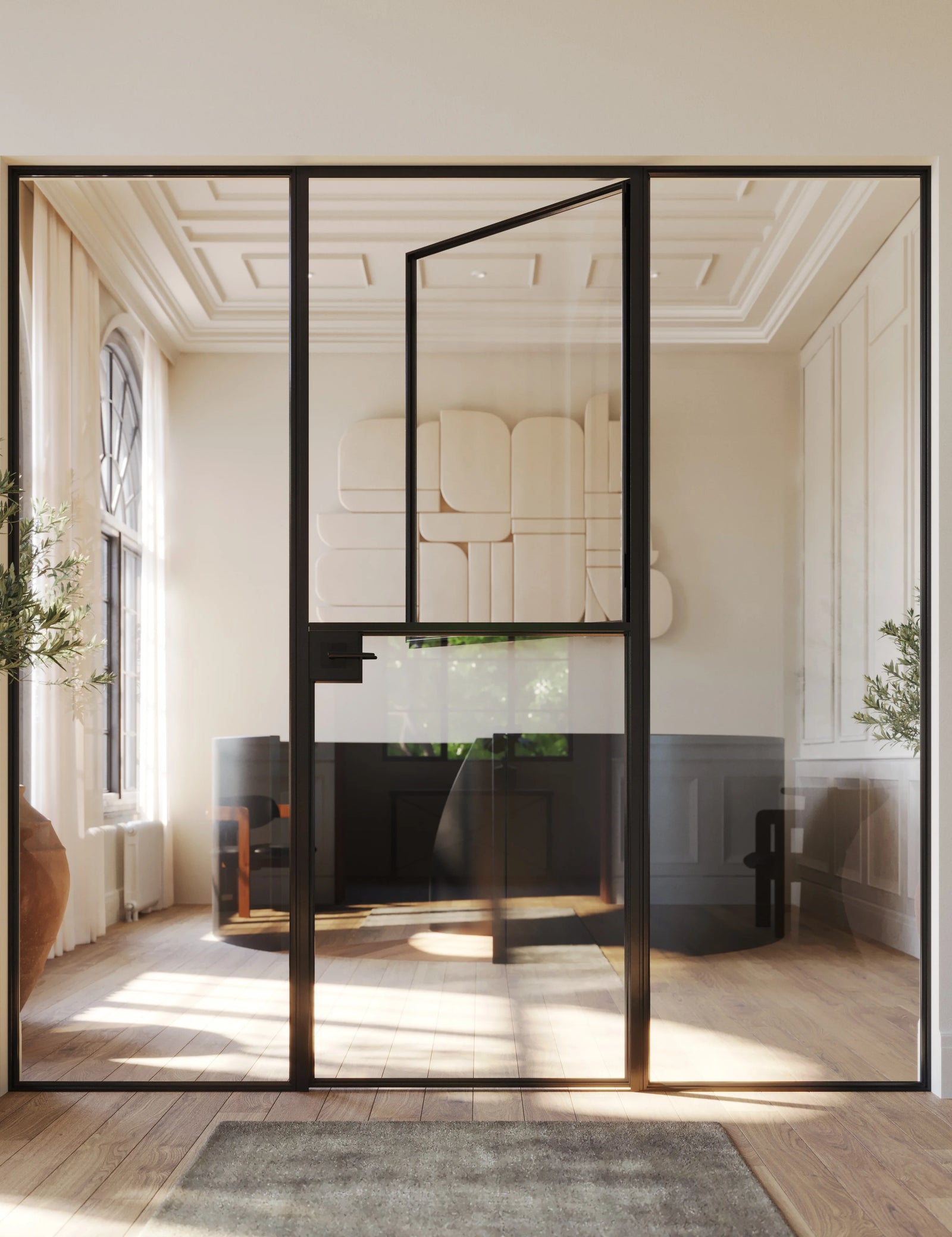 Pre-hung Dutch door with side glass panels and slim modular framing.