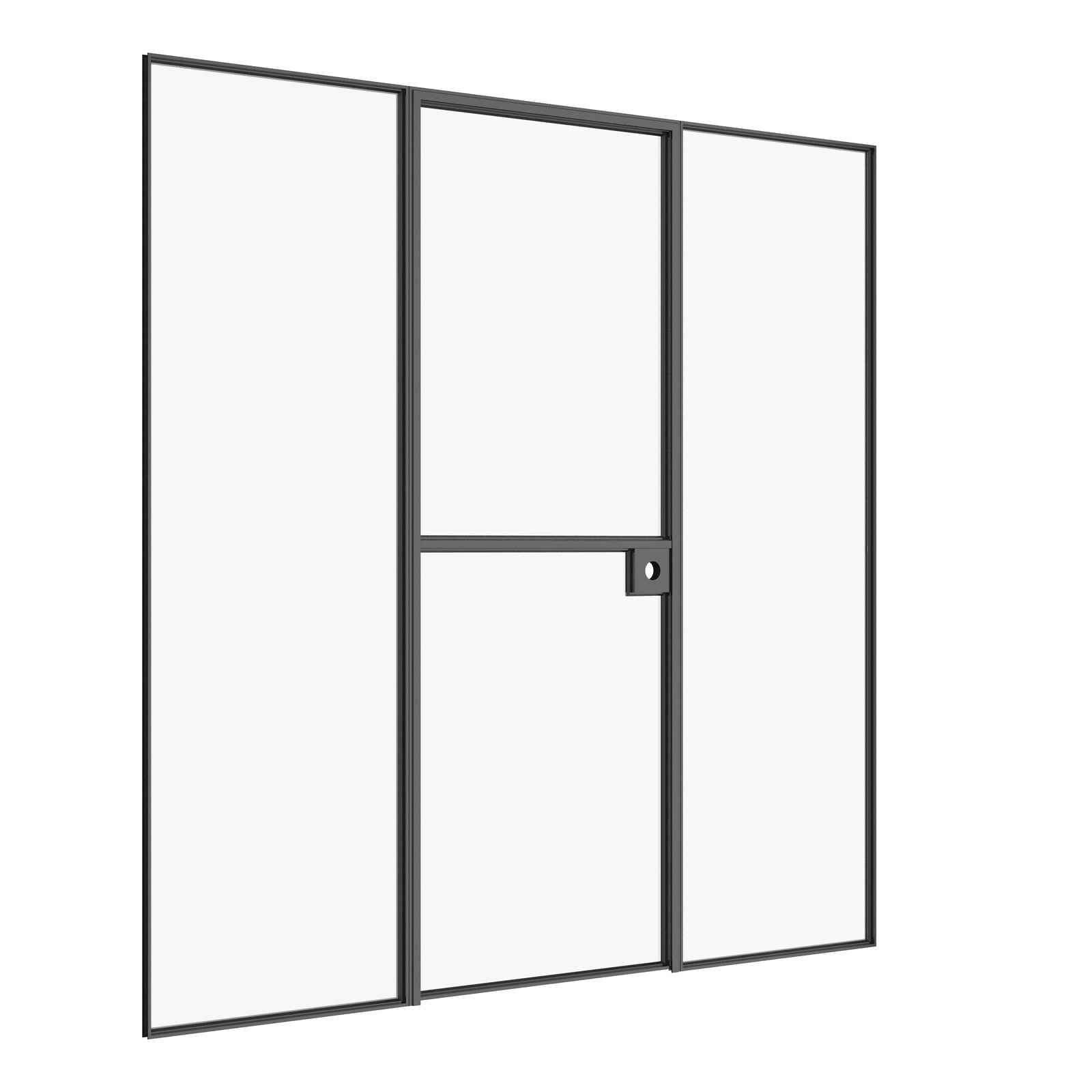Solid steel Dutch door with integrated sidelights and minimalist proportions.