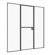 Solid steel Dutch door with integrated sidelights and minimalist proportions.