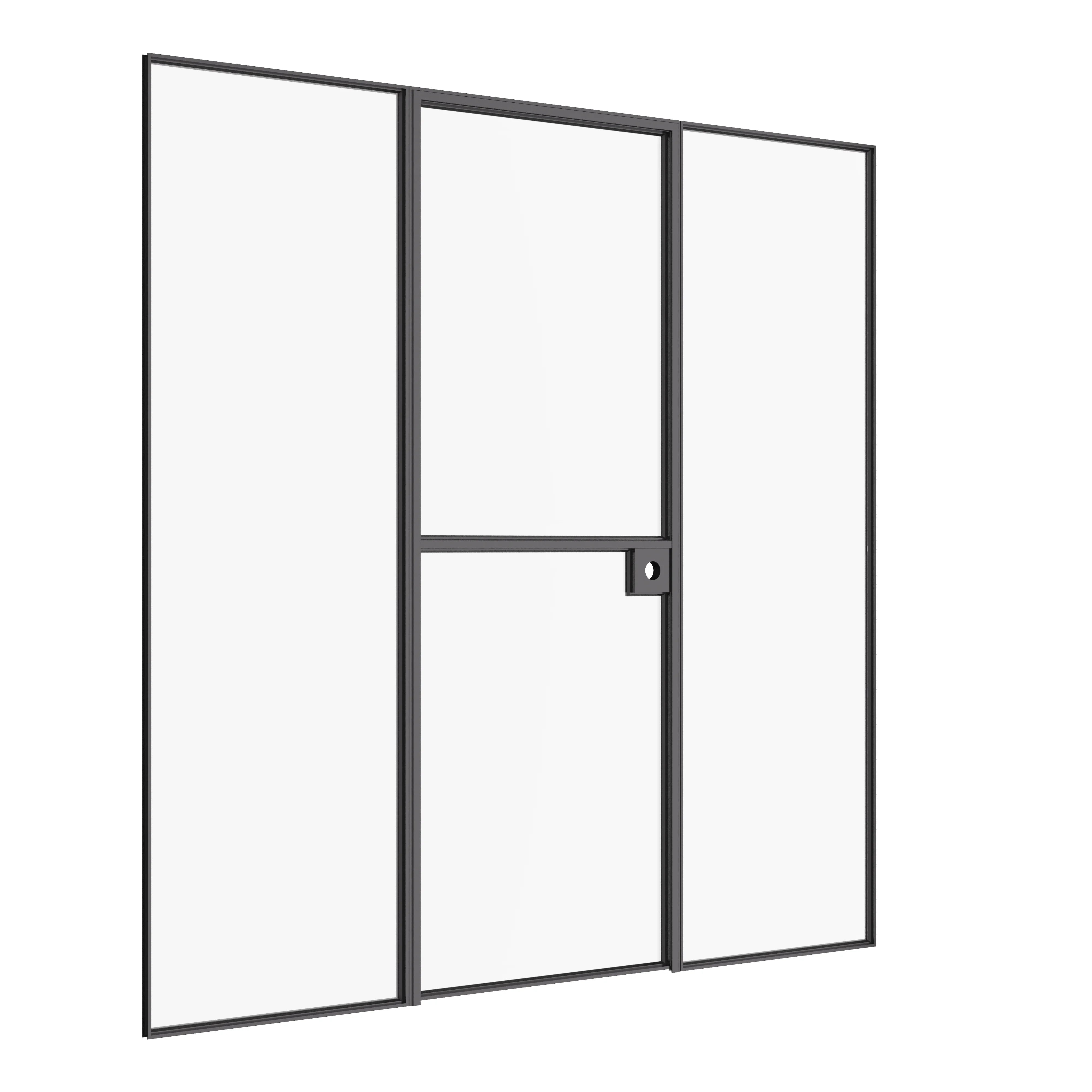Solid steel Dutch door with integrated sidelights and minimalist proportions.