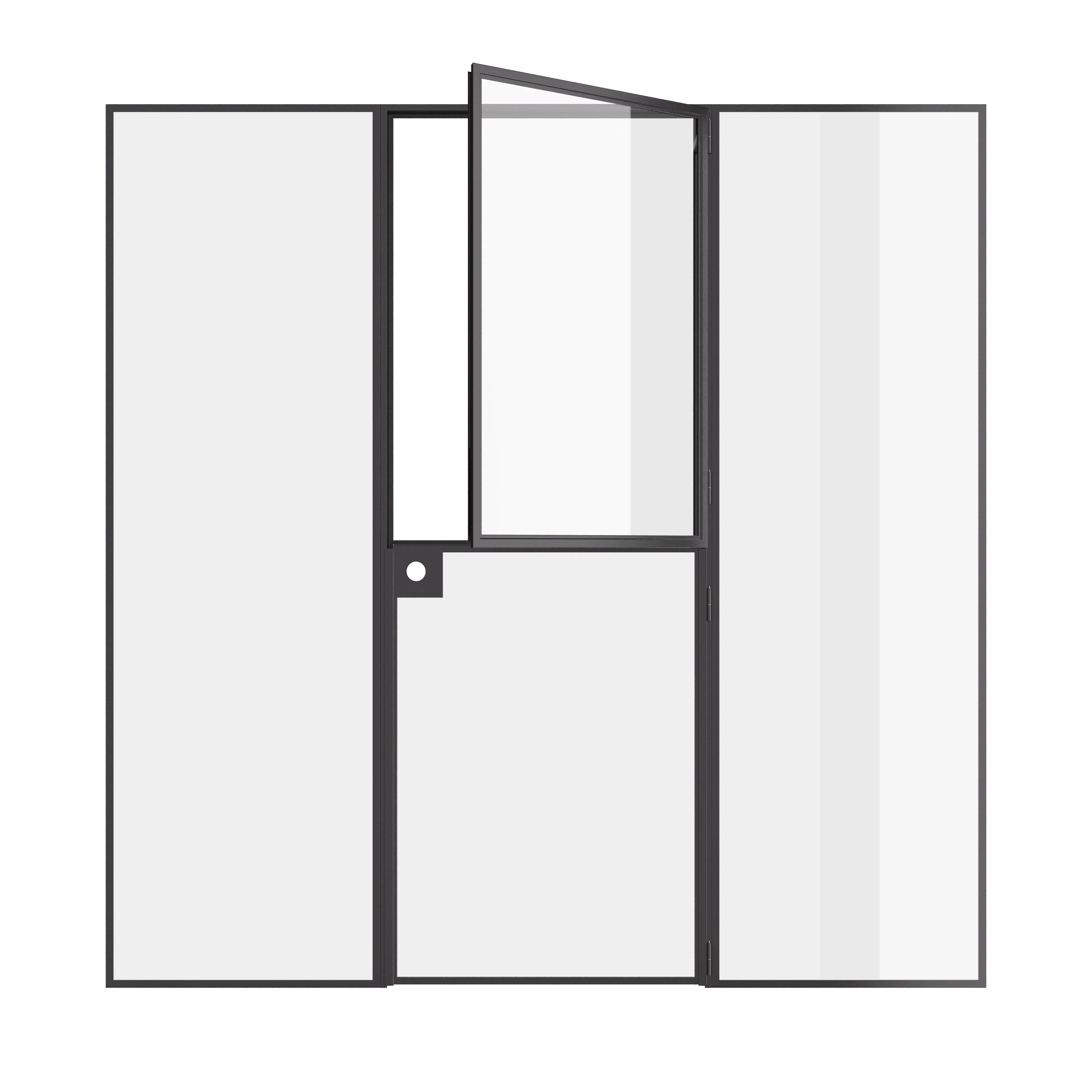Narrow-sightline Dutch door with side windows and refined modern profile.