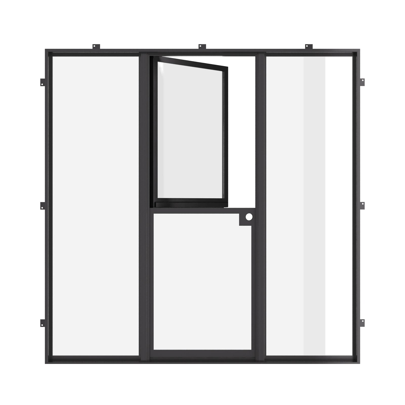 Pre-hung Dutch steel door with side lites.