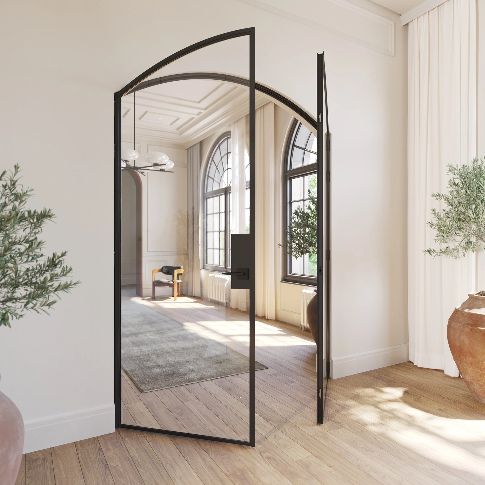 Solid steel double door with curved tops and architectural proportions.